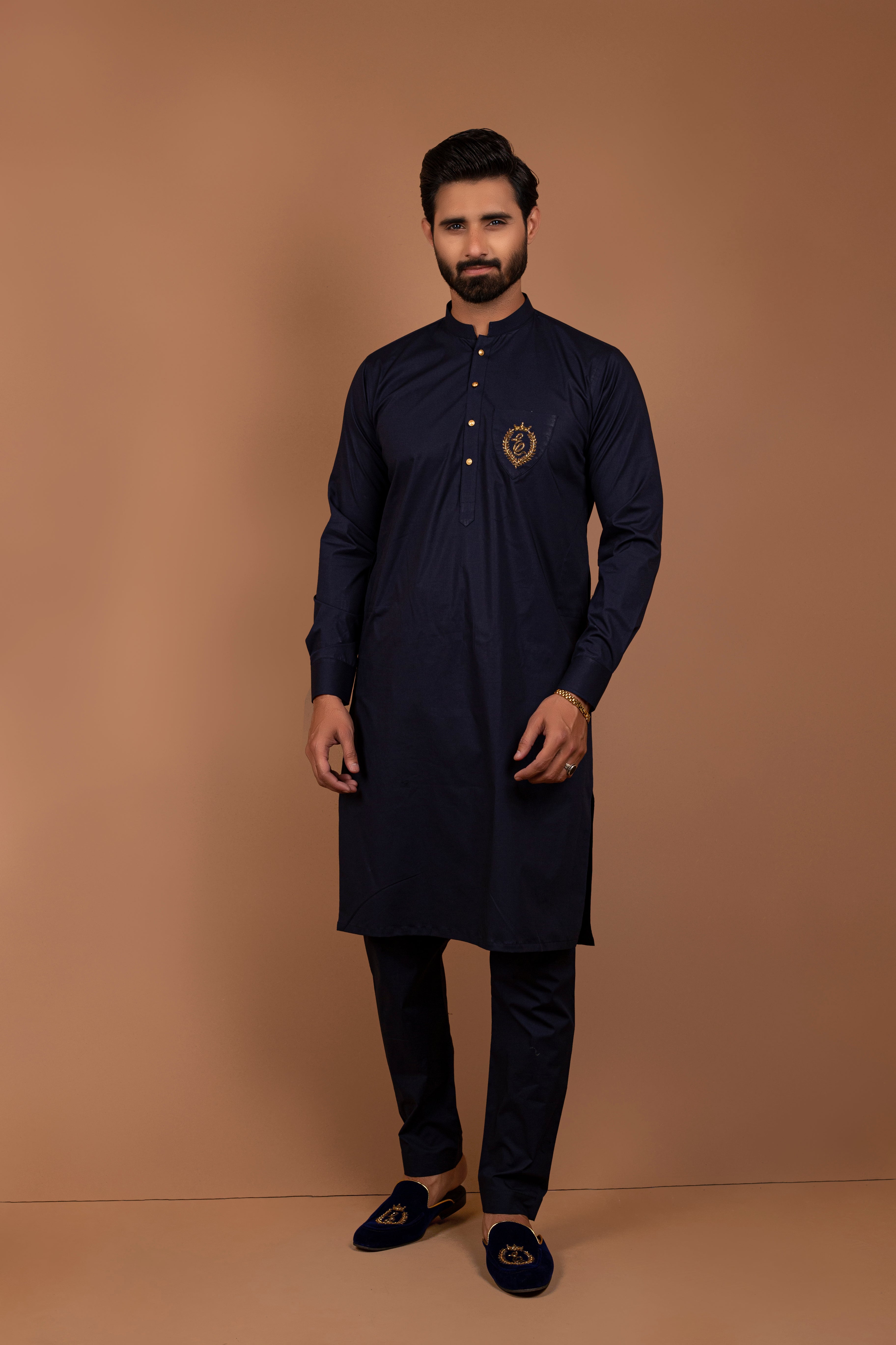 Navy Blue Gold Crest Cotton Kurta Pajama (2-Piece) - Image 1
