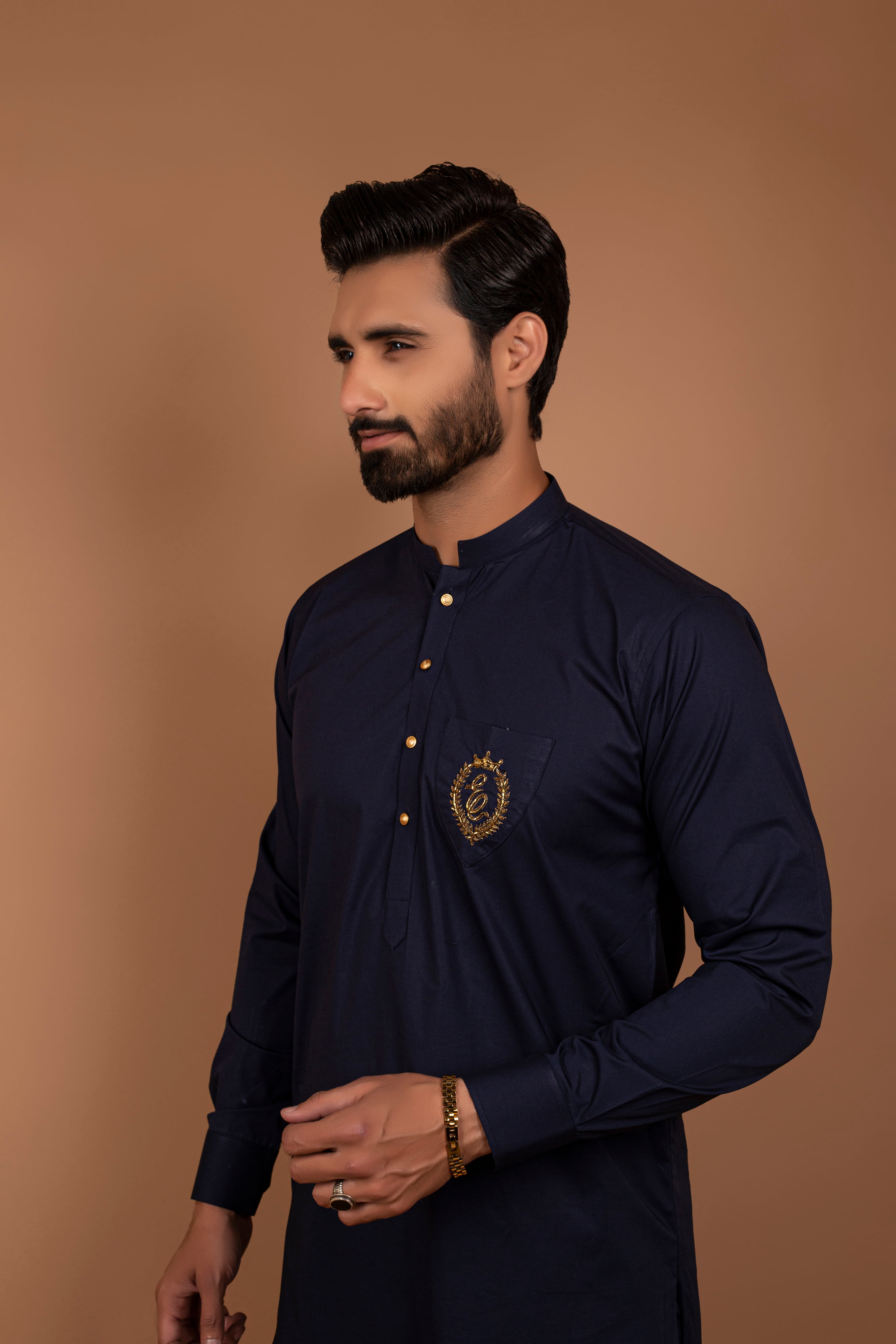 Navy Blue Gold Crest Cotton Kurta Pajama (2-Piece) - Image 2