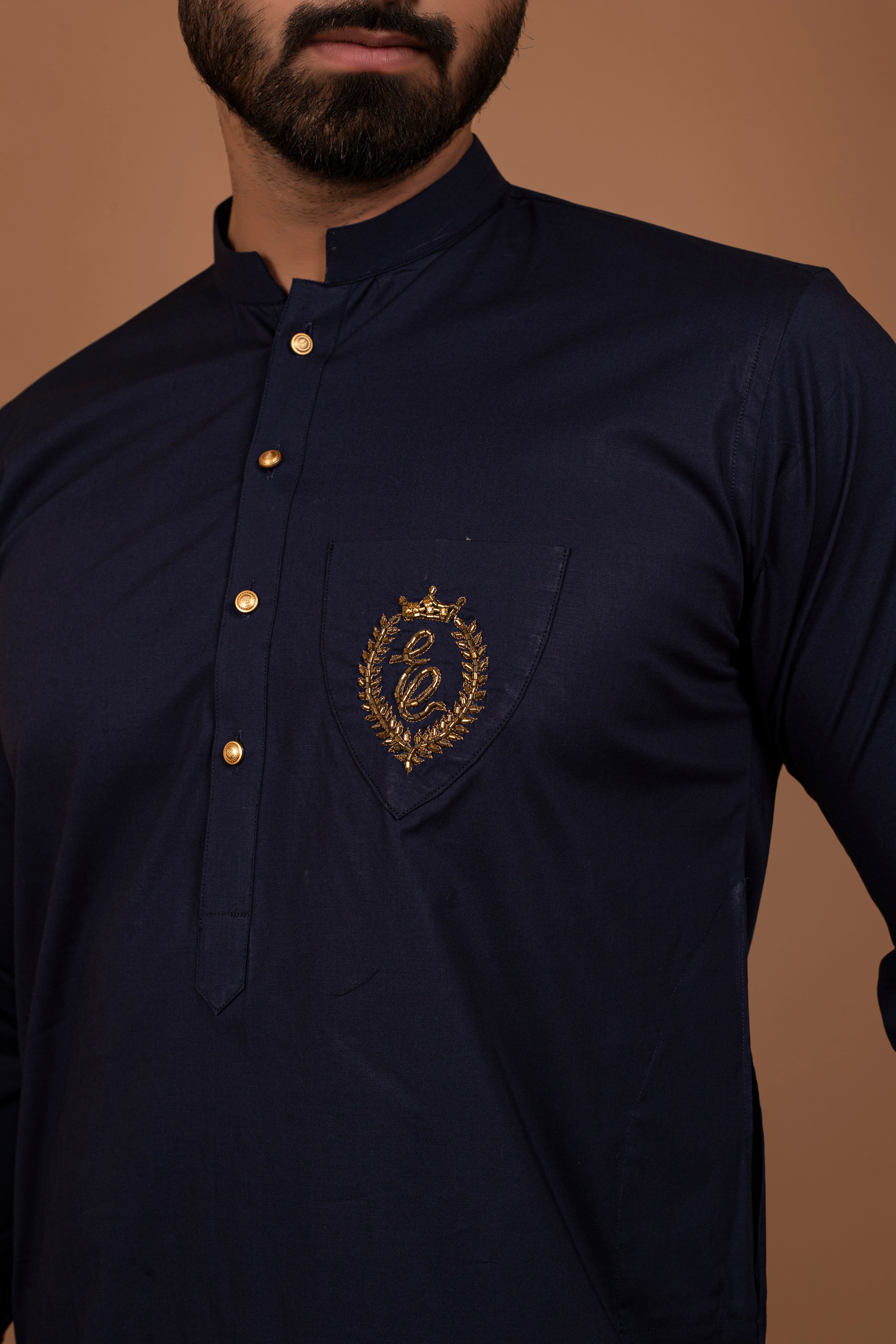 Navy Blue Gold Crest Cotton Kurta Pajama (2-Piece) - Image 3