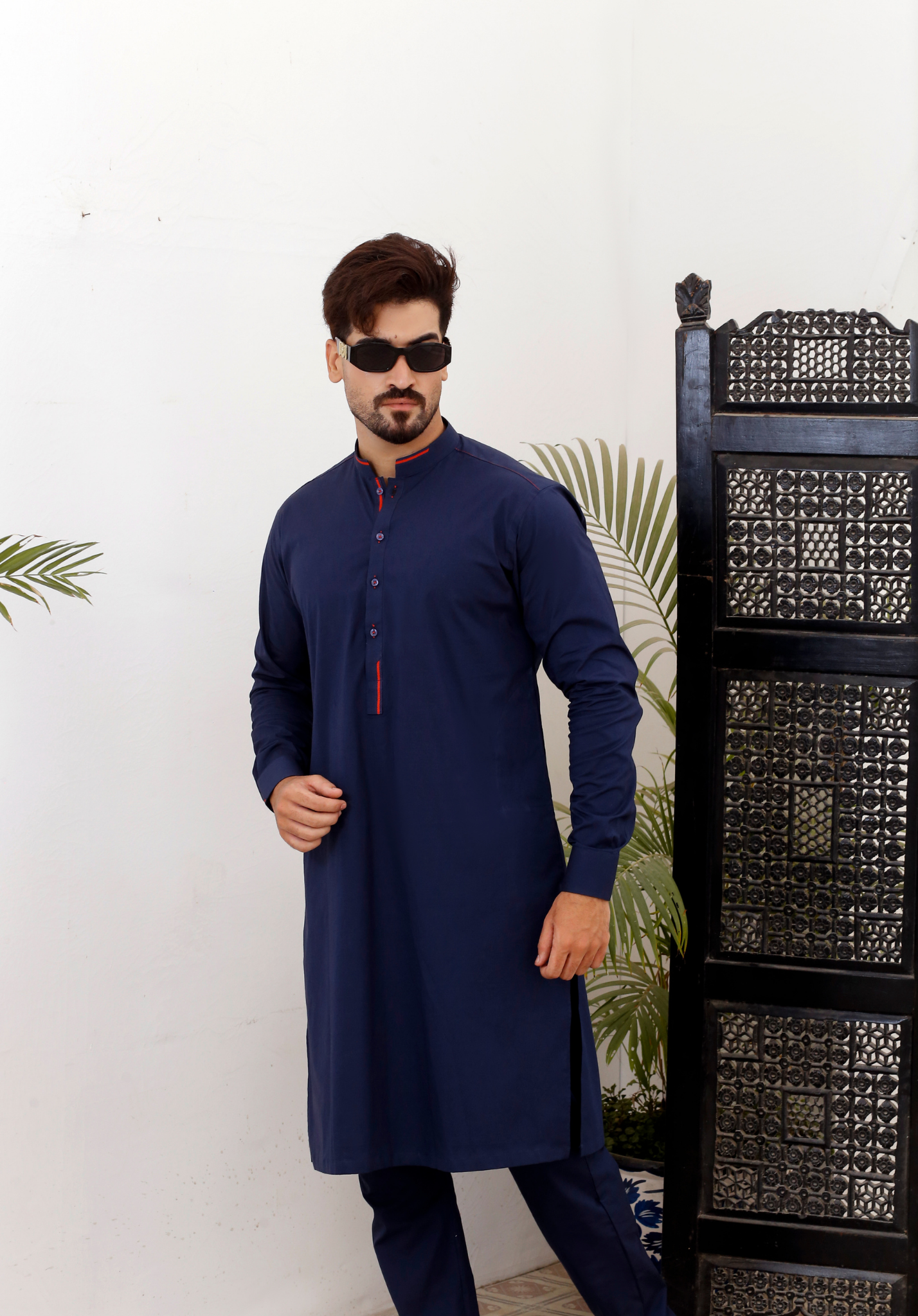 Navy Blue Contrast Piping Cotton Kurta Pajama (2-Piece) - Image 2