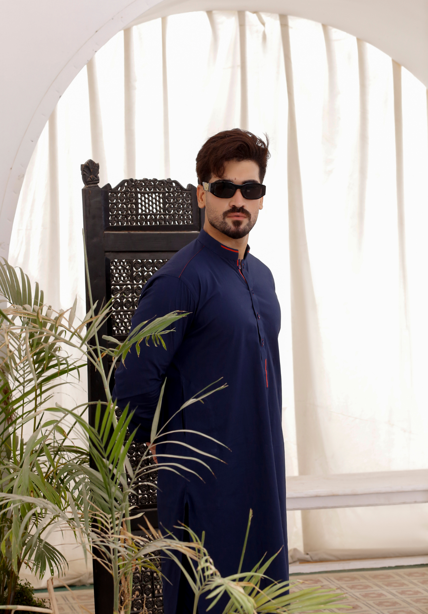 Navy Blue Contrast Piping Cotton Kurta Pajama (2-Piece) - Image 3