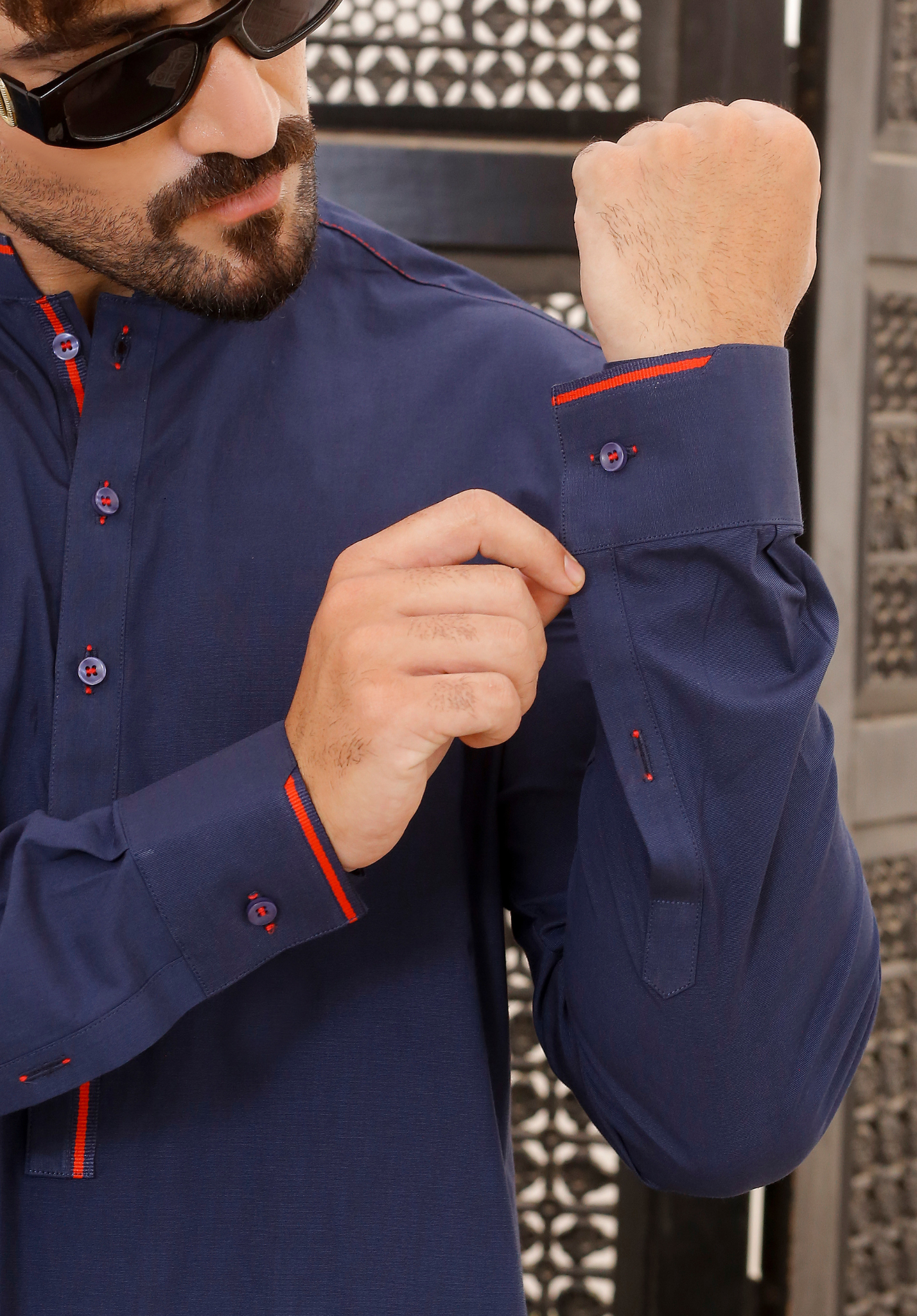 Navy Blue Contrast Piping Cotton Kurta Pajama (2-Piece) - Image 5