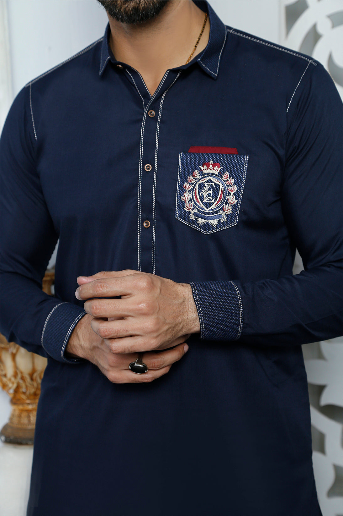 Navy Blue Embroidered Cotton-Blend Kurta Pajama (2-Piece) - Image 2
