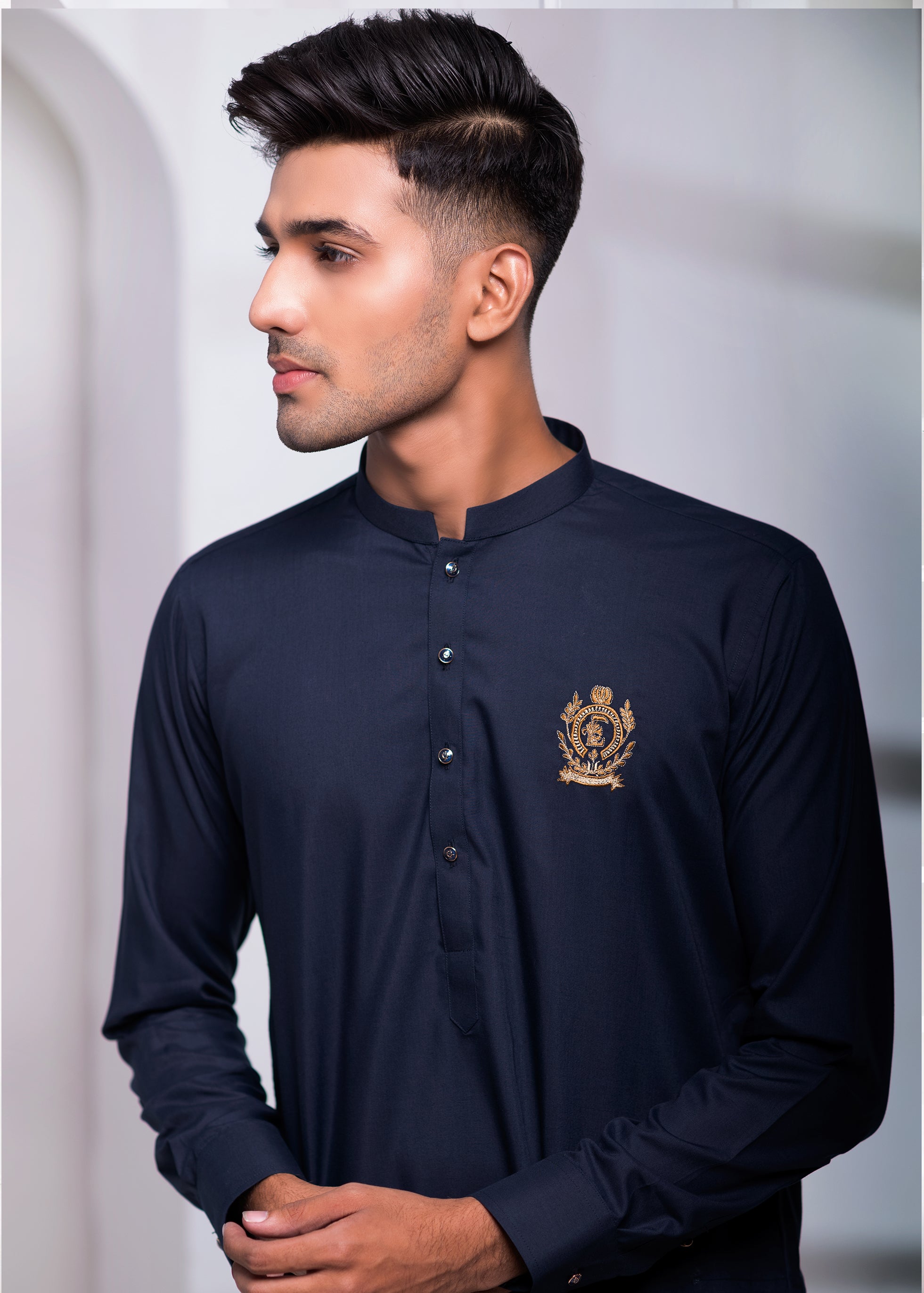 Navy Blue Crest Embroidered Cotton Kurta Pajama (2-Piece) - Image 1