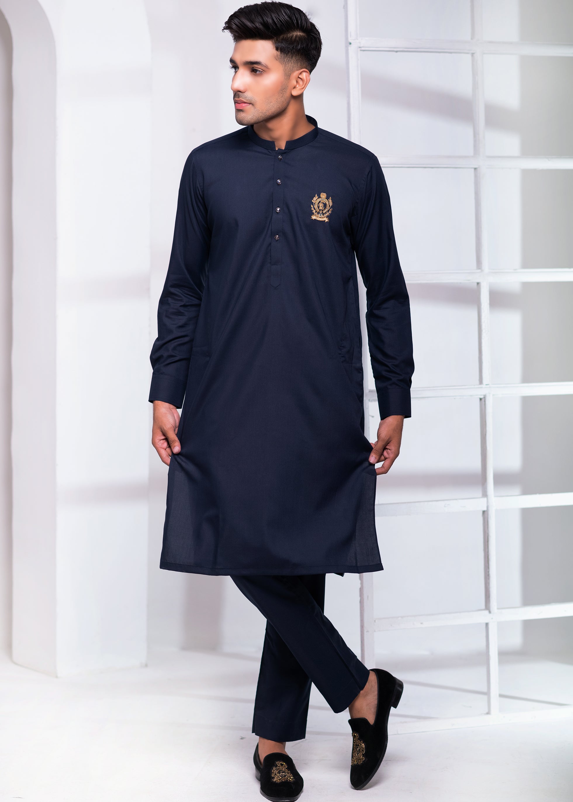Navy Blue Crest Embroidered Cotton Kurta Pajama (2-Piece) - Image 2