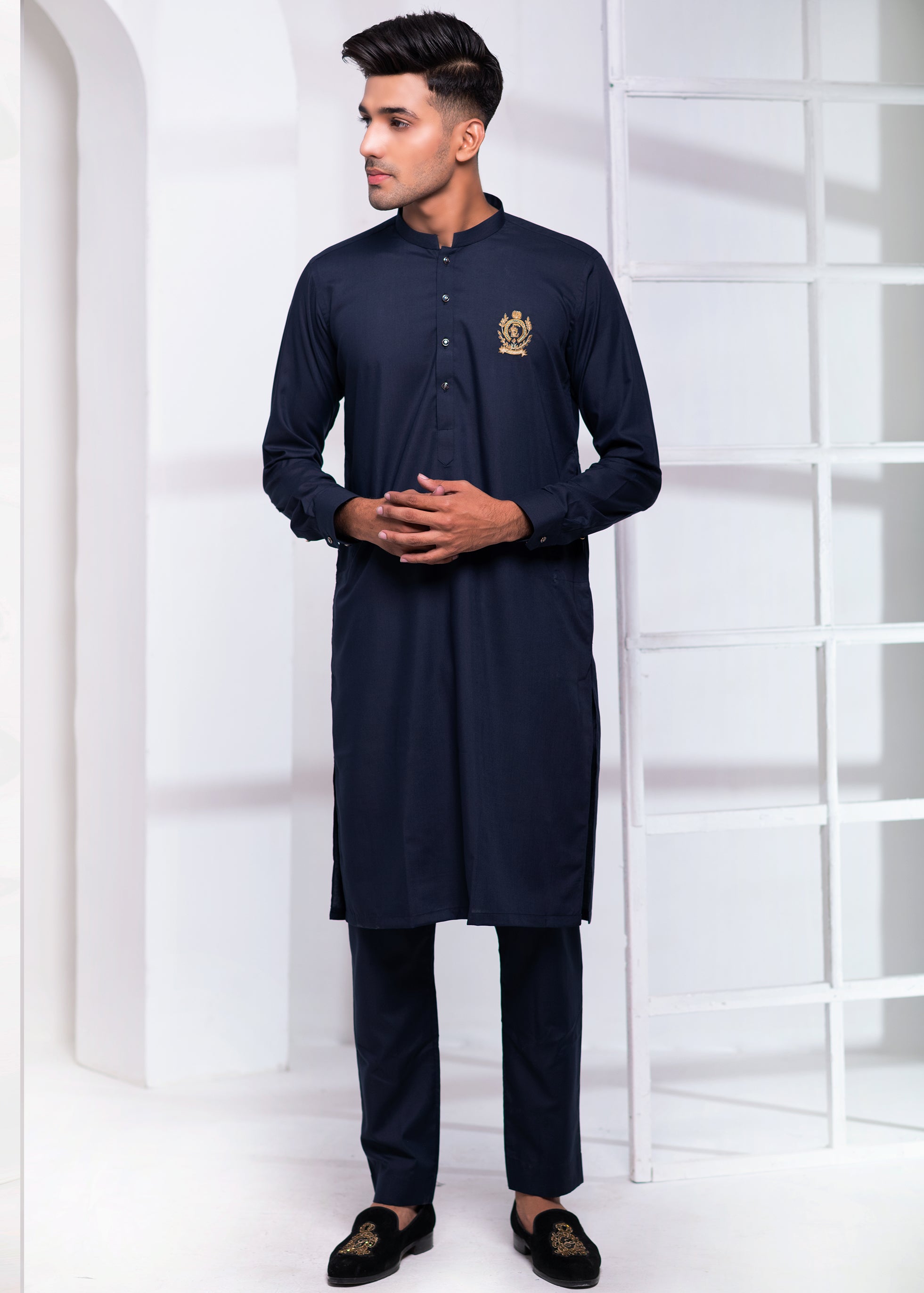 Navy Blue Crest Embroidered Cotton Kurta Pajama (2-Piece) - Image 3