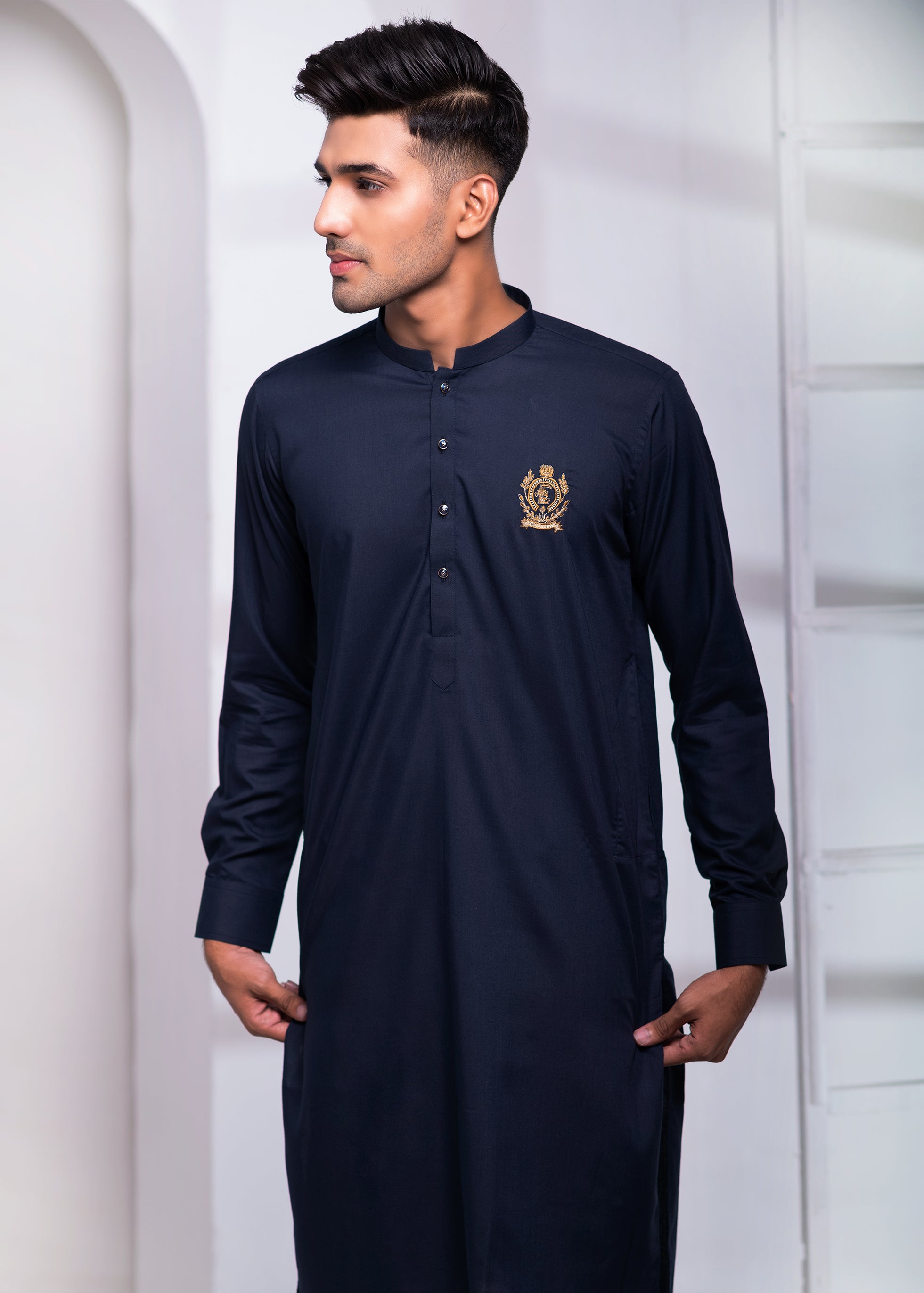Navy Blue Crest Embroidered Cotton Kurta Pajama (2-Piece) - Image 4