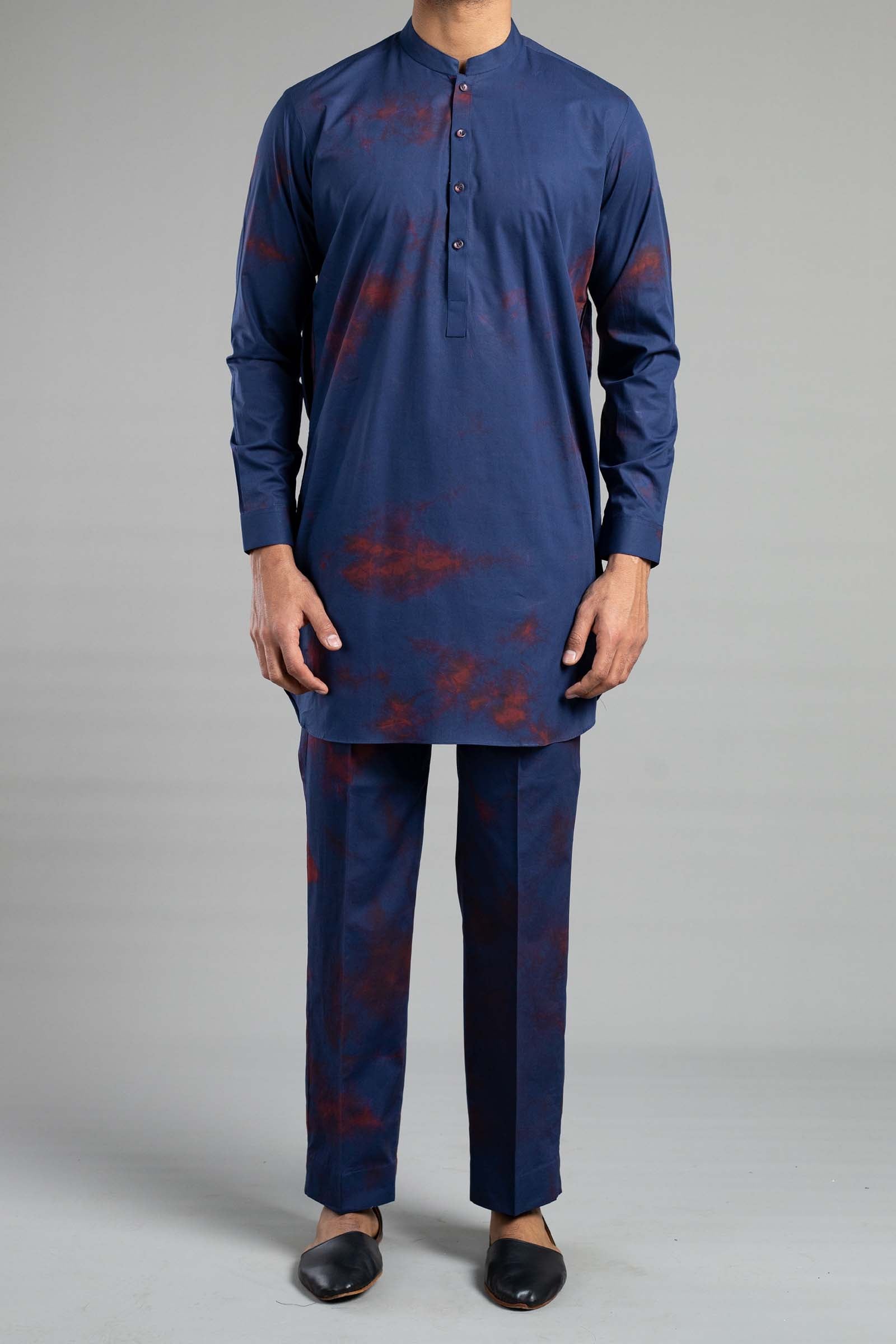 Navy Blue Tie-Dye Cotton Linen Kurta Trouser (2-Piece) - Image 1