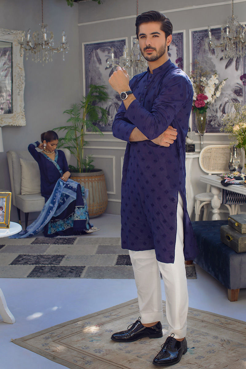 Navy Blue Self-Embroidered Cotton Kurta Pajama (2-Piece) - Image 1