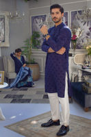 Navy Blue Self-Embroidered Cotton Kurta Pajama (2-Piece) - Image 2