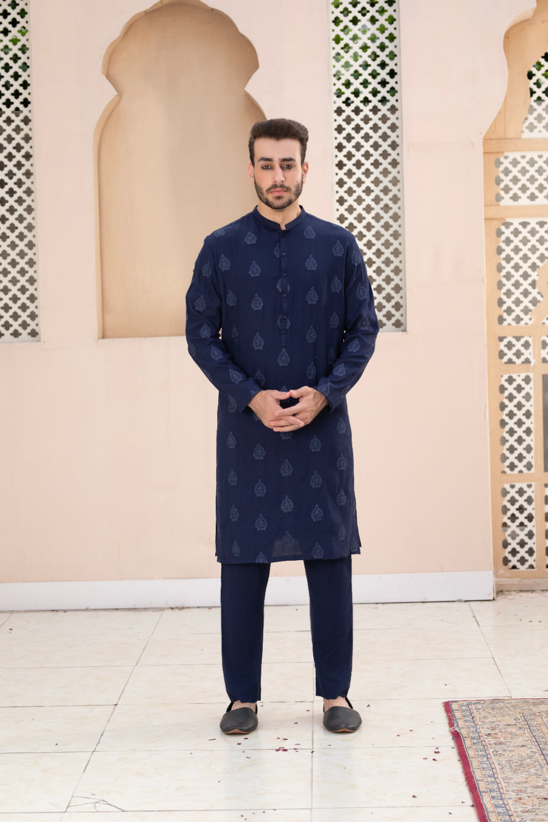 Navy Blue Woven Cotton Row Silk Kurta Pajama (2-Piece) - Image 1