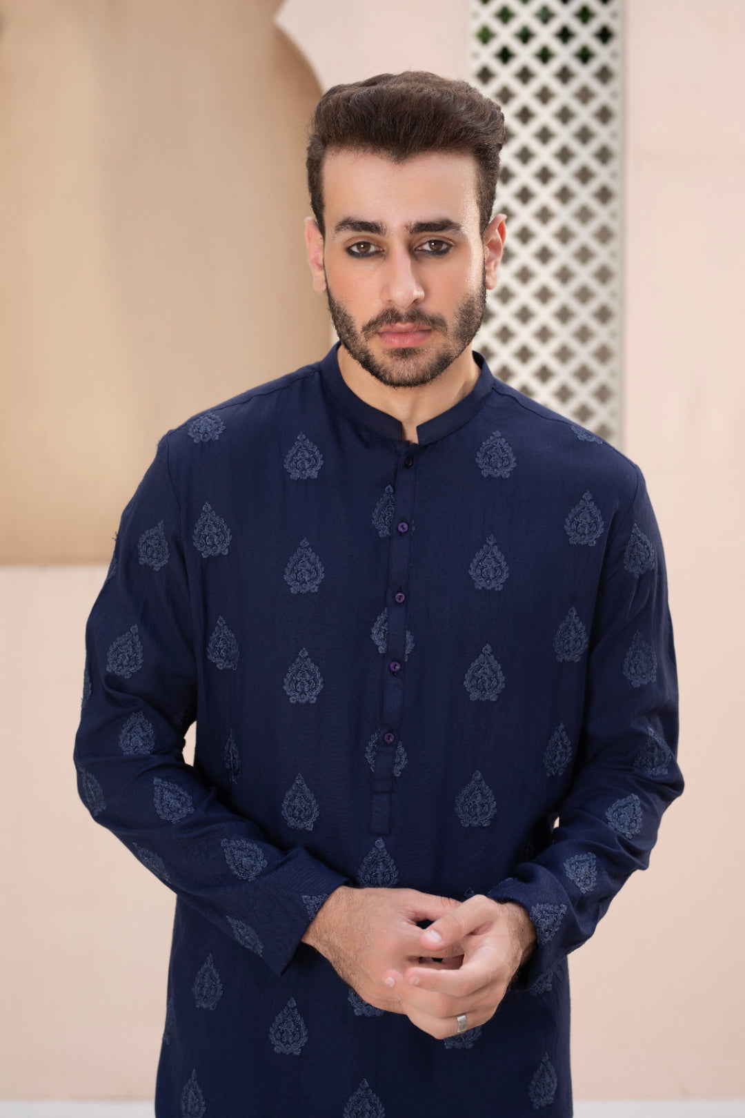 Navy Blue Woven Cotton Row Silk Kurta Pajama (2-Piece) - Image 3