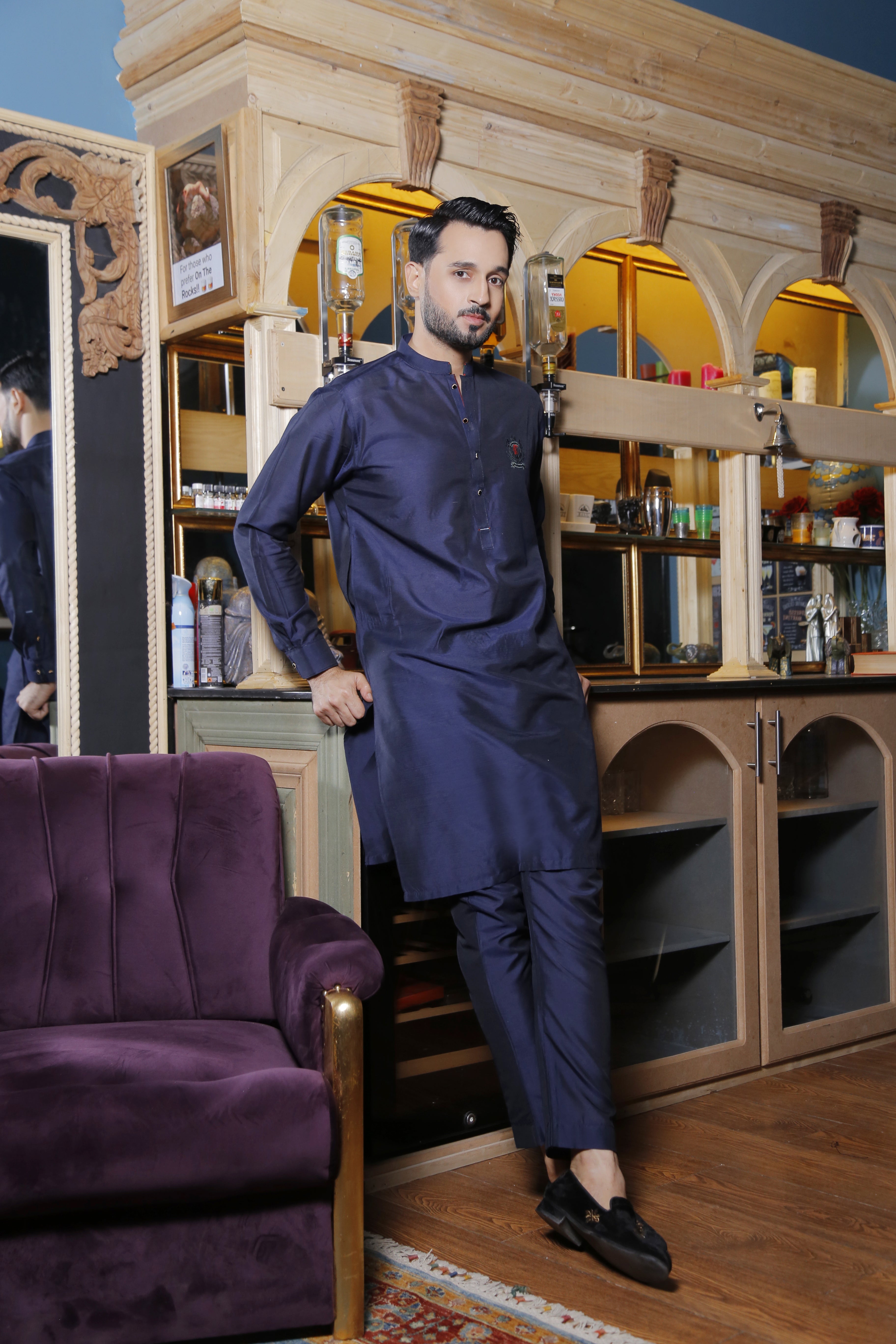 Navy Blue Green Embroidered Cotton Silk Kurta Pajama (2-Piece) - Image 1