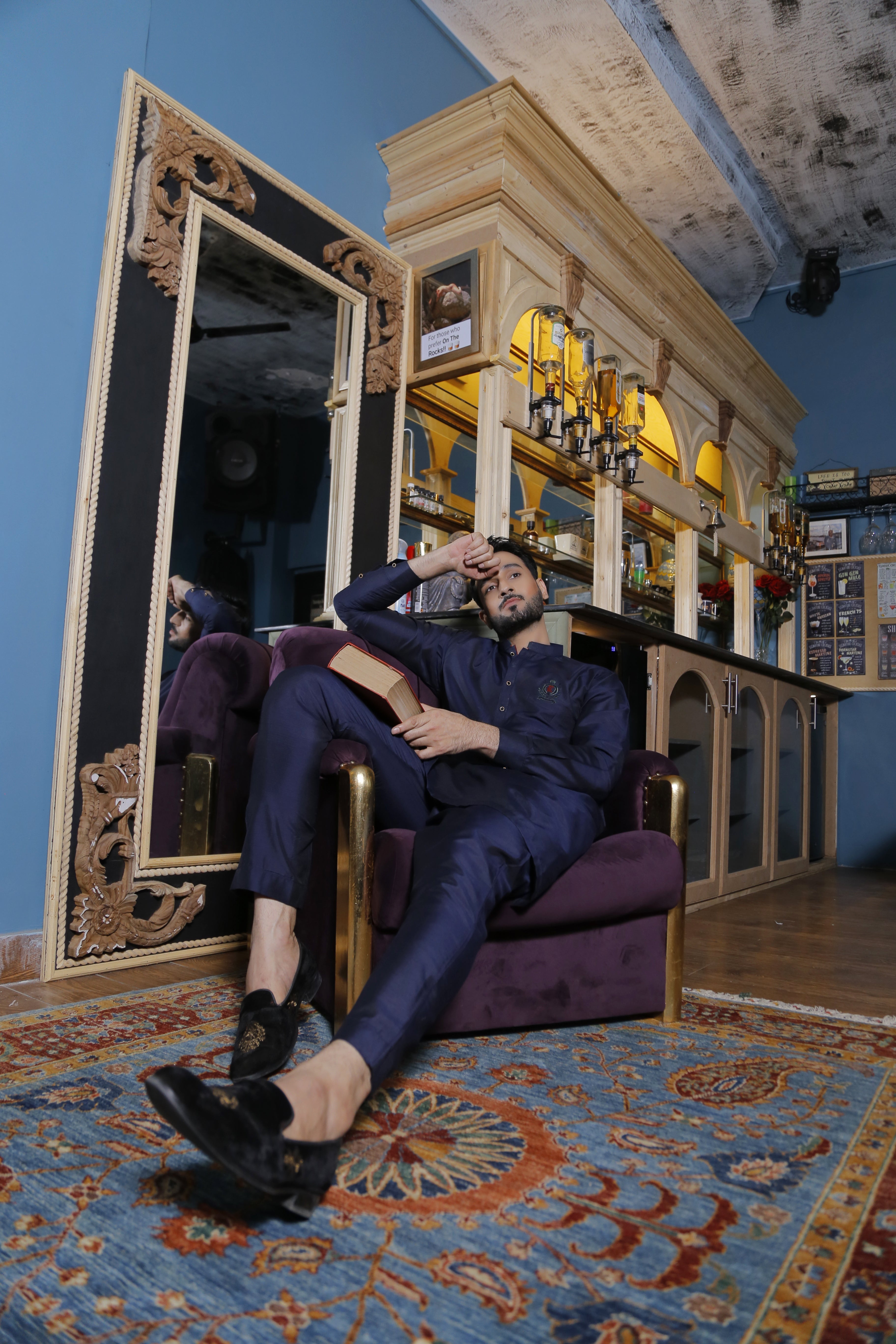 Navy Blue Green Embroidered Cotton Silk Kurta Pajama (2-Piece) - Image 3