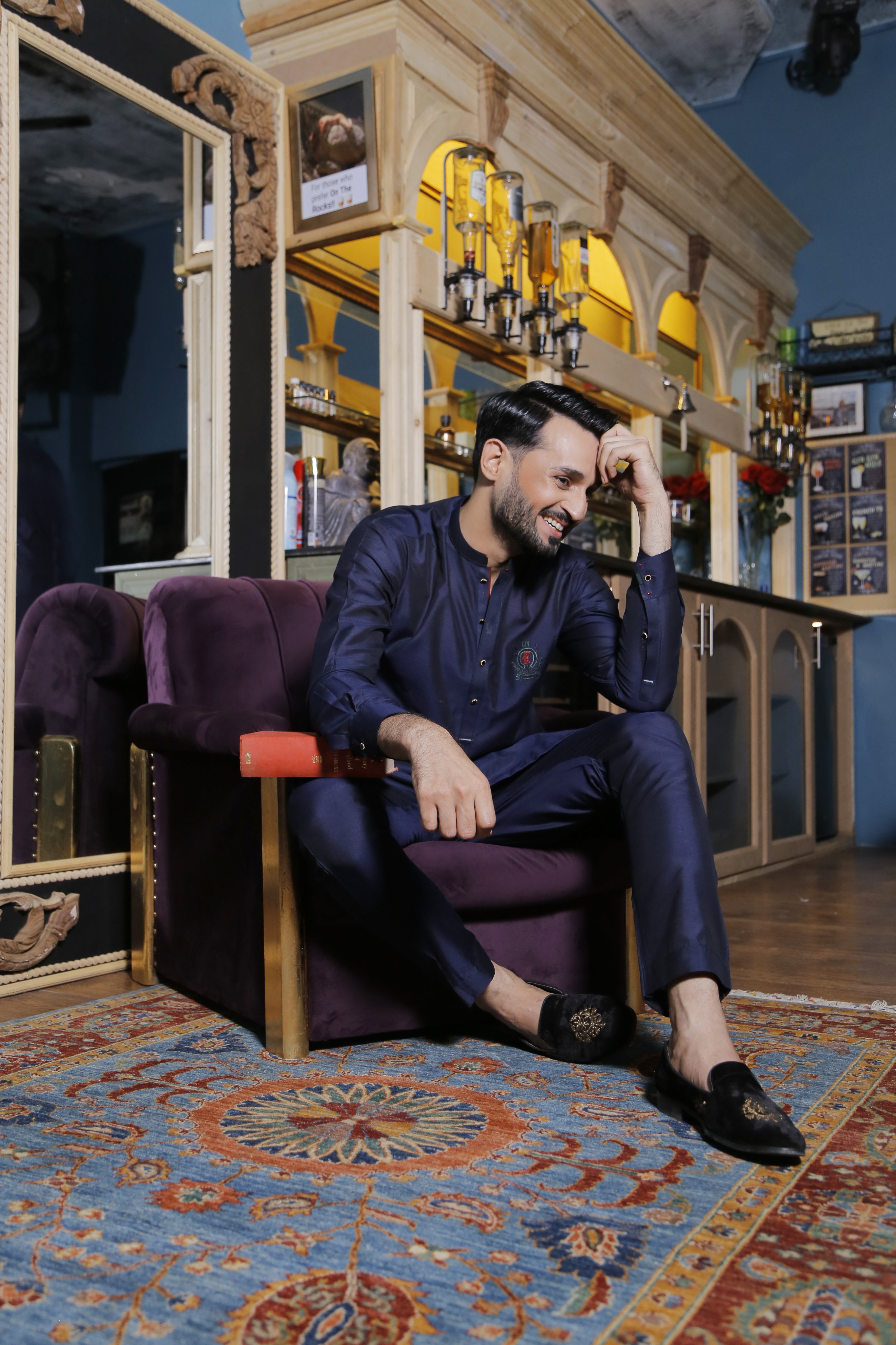 Navy Blue Green Embroidered Cotton Silk Kurta Pajama (2-Piece) - Image 4