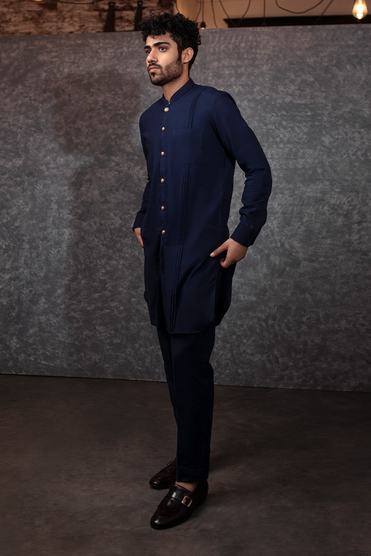 Navy Blue Pin-Tuck Cotton-Silk Kurta Pajama (2-Piece) - Image 1