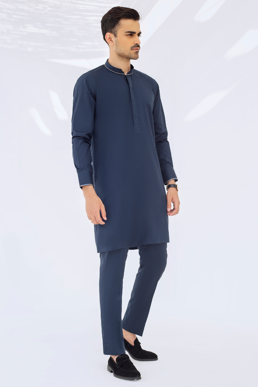 Navy Blue Contrast Piping Cotton Kurta Pajama (2-Piece) - Image 1