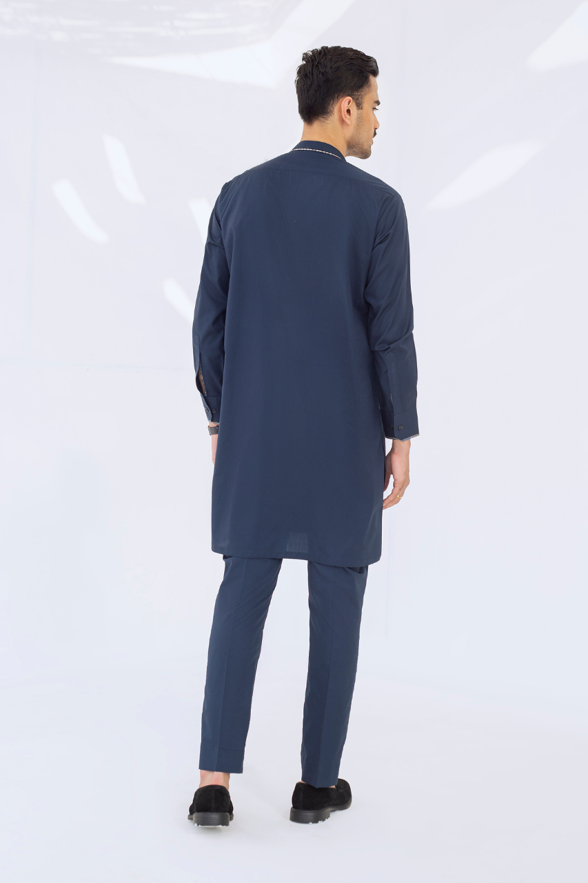 Navy Blue Contrast Piping Cotton Kurta Pajama (2-Piece) - Image 2