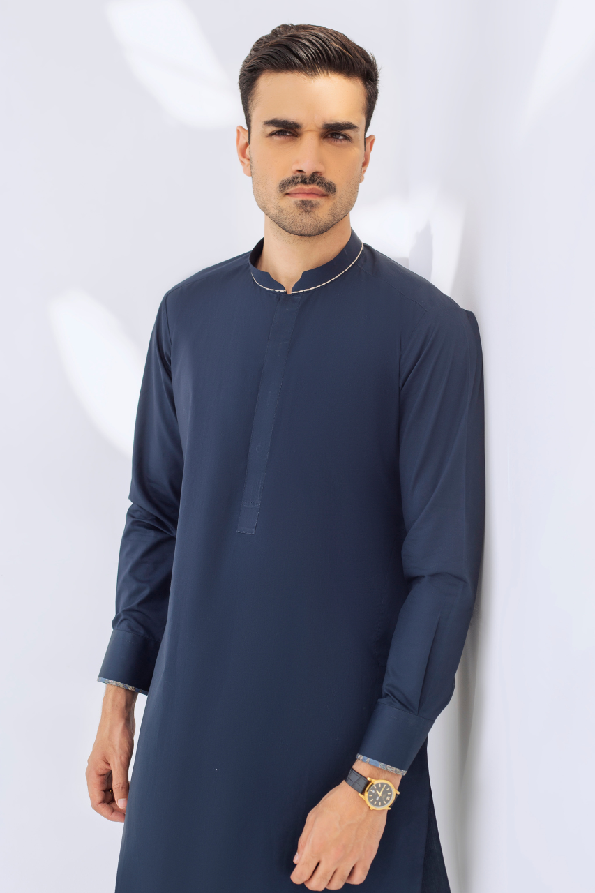 Navy Blue Contrast Piping Cotton Kurta Pajama (2-Piece) - Image 3