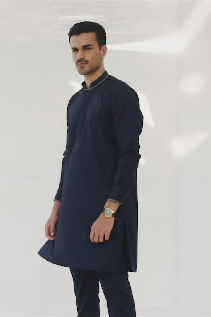 Navy Blue Contrast Piping Cotton Kurta Pajama (2-Piece) - Image 4