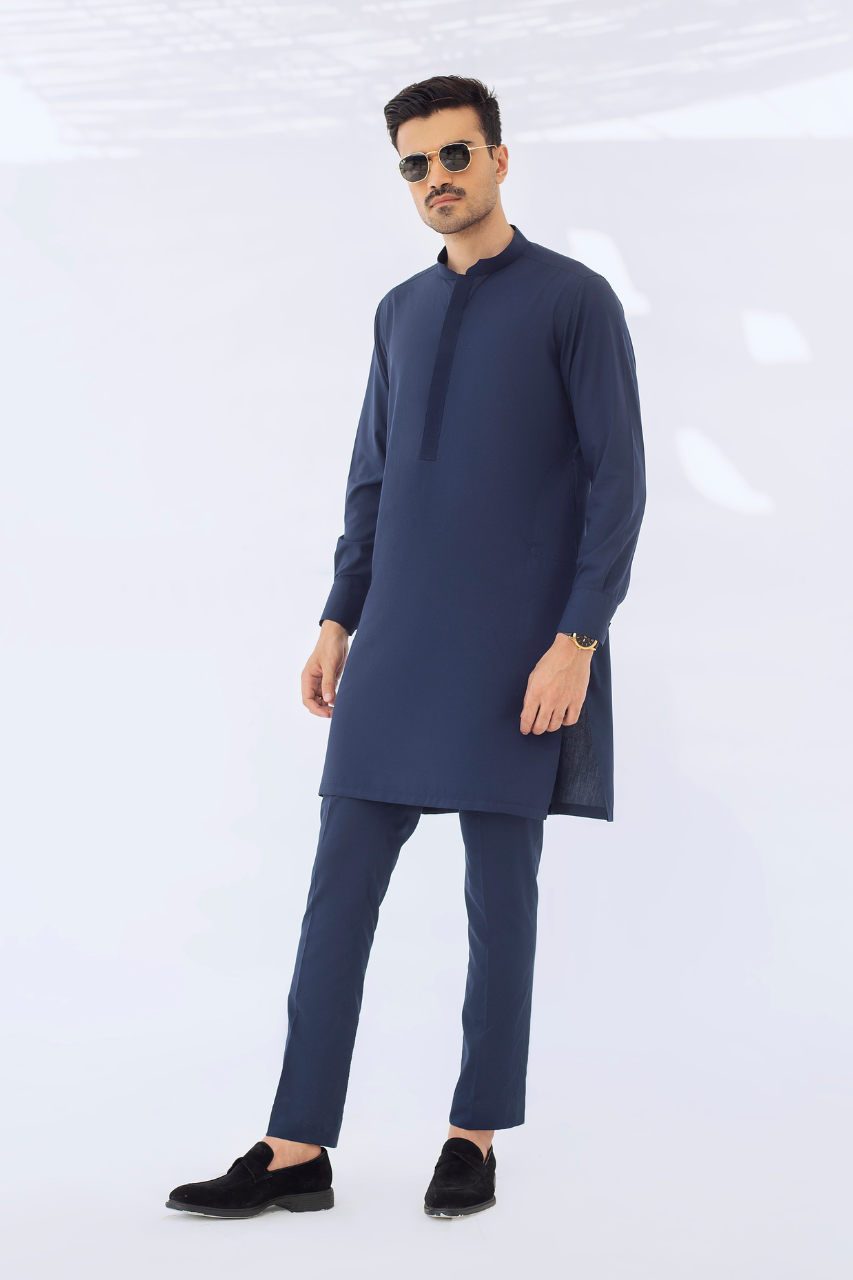 Navy Blue Cotton Kurta Trouser Set (2-Piece) - Image 1