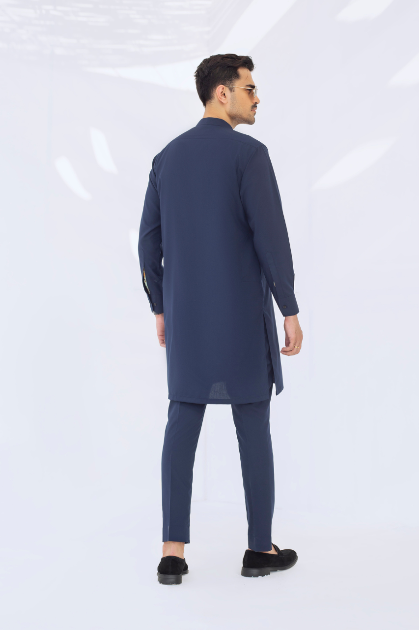 Navy Blue Cotton Kurta Trouser Set (2-Piece) - Image 2