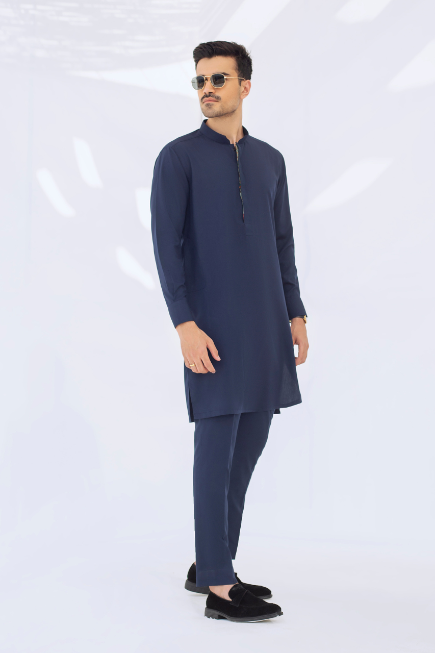 Navy Blue Cotton Kurta Trouser Set (2-Piece) - Image 3