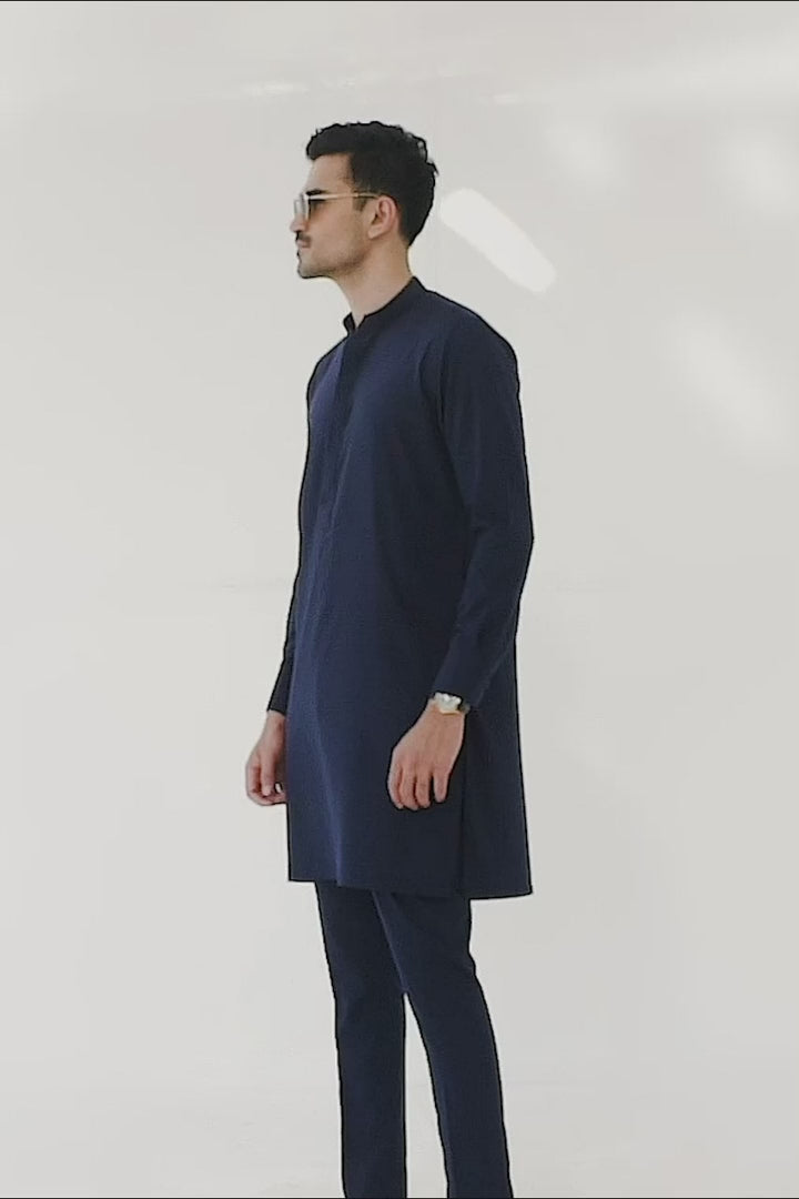 Navy Blue Cotton Kurta Trouser Set (2-Piece) - Image 4