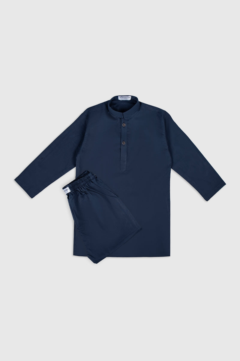 Navy Blue Cotton Kids Kurta Trouser Set (2-Piece) - Image 1