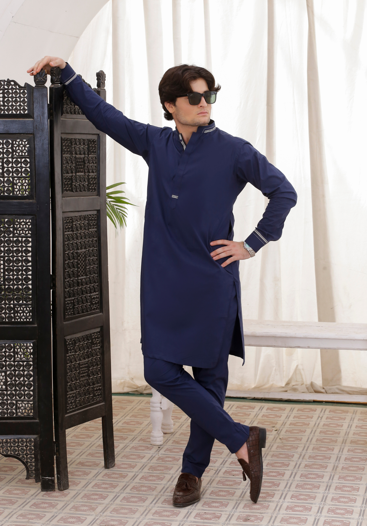 Navy Blue Textured Cotton Kurta Pajama (2-Piece) - Image 1