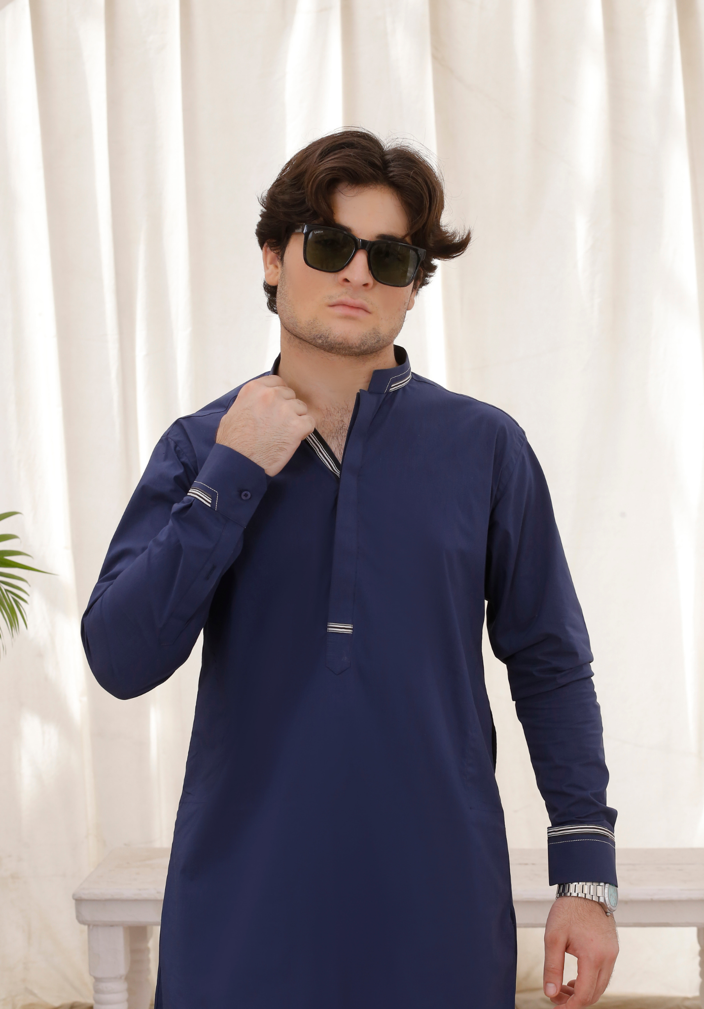 Navy Blue Textured Cotton Kurta Pajama (2-Piece) - Image 3