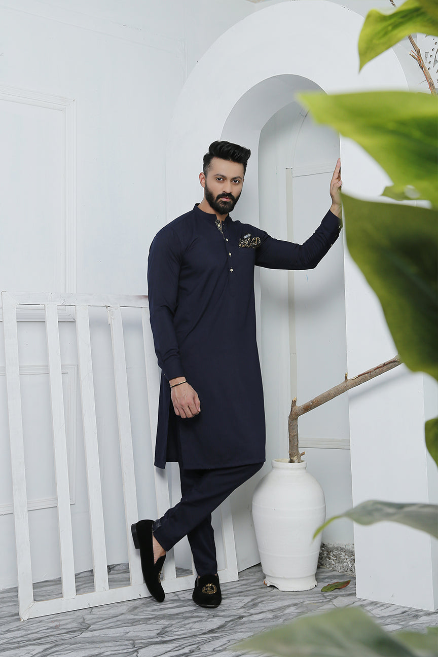 Navy Blue Printed Cotton Kurta Pajama (2-Piece) - Image 1