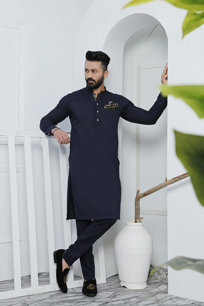 Navy Blue Printed Cotton Kurta Pajama (2-Piece) - Image 2