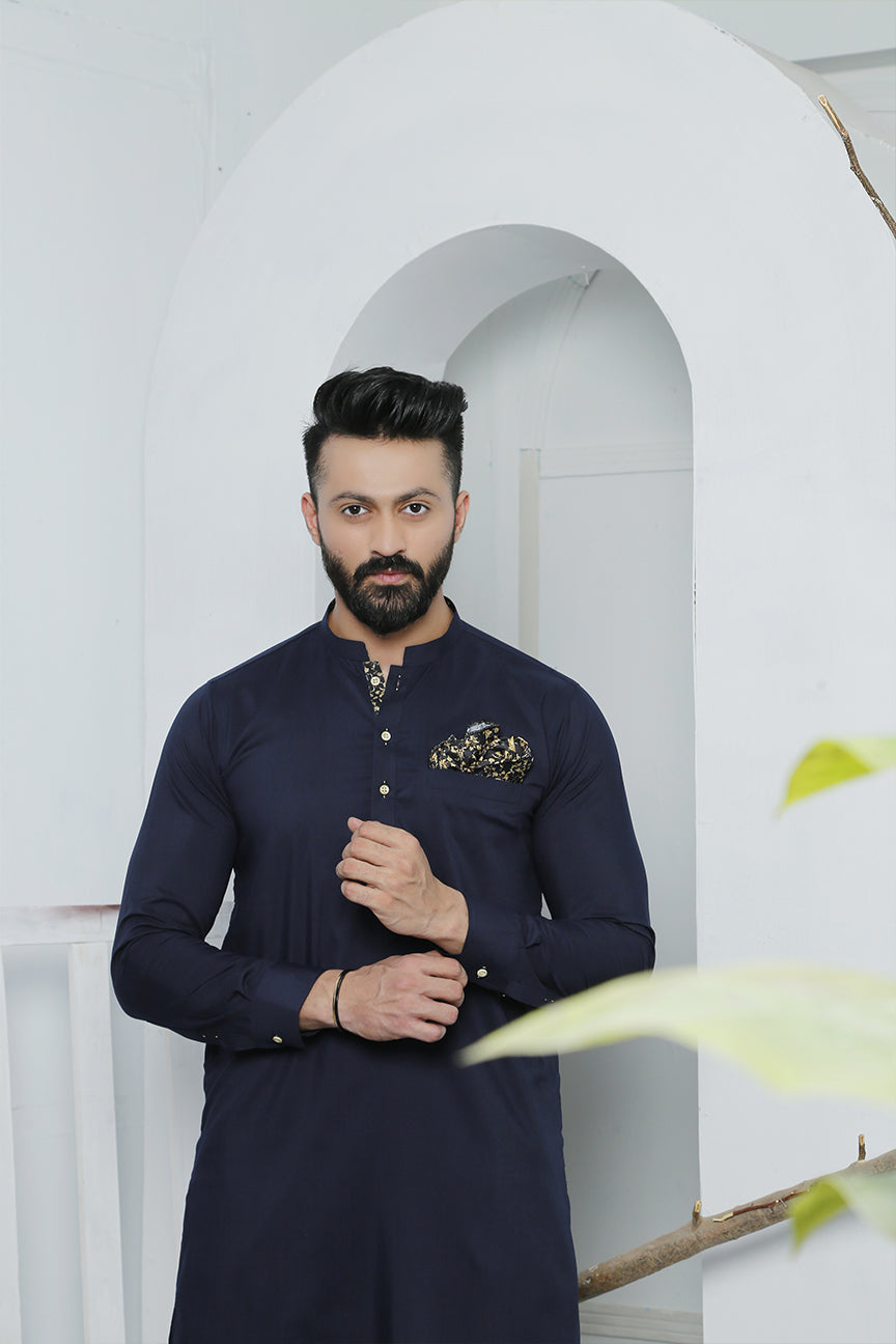 Navy Blue Printed Cotton Kurta Pajama (2-Piece) - Image 3
