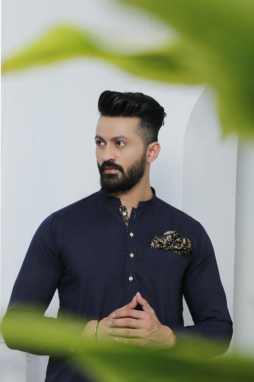 Navy Blue Printed Cotton Kurta Pajama (2-Piece) - Image 4