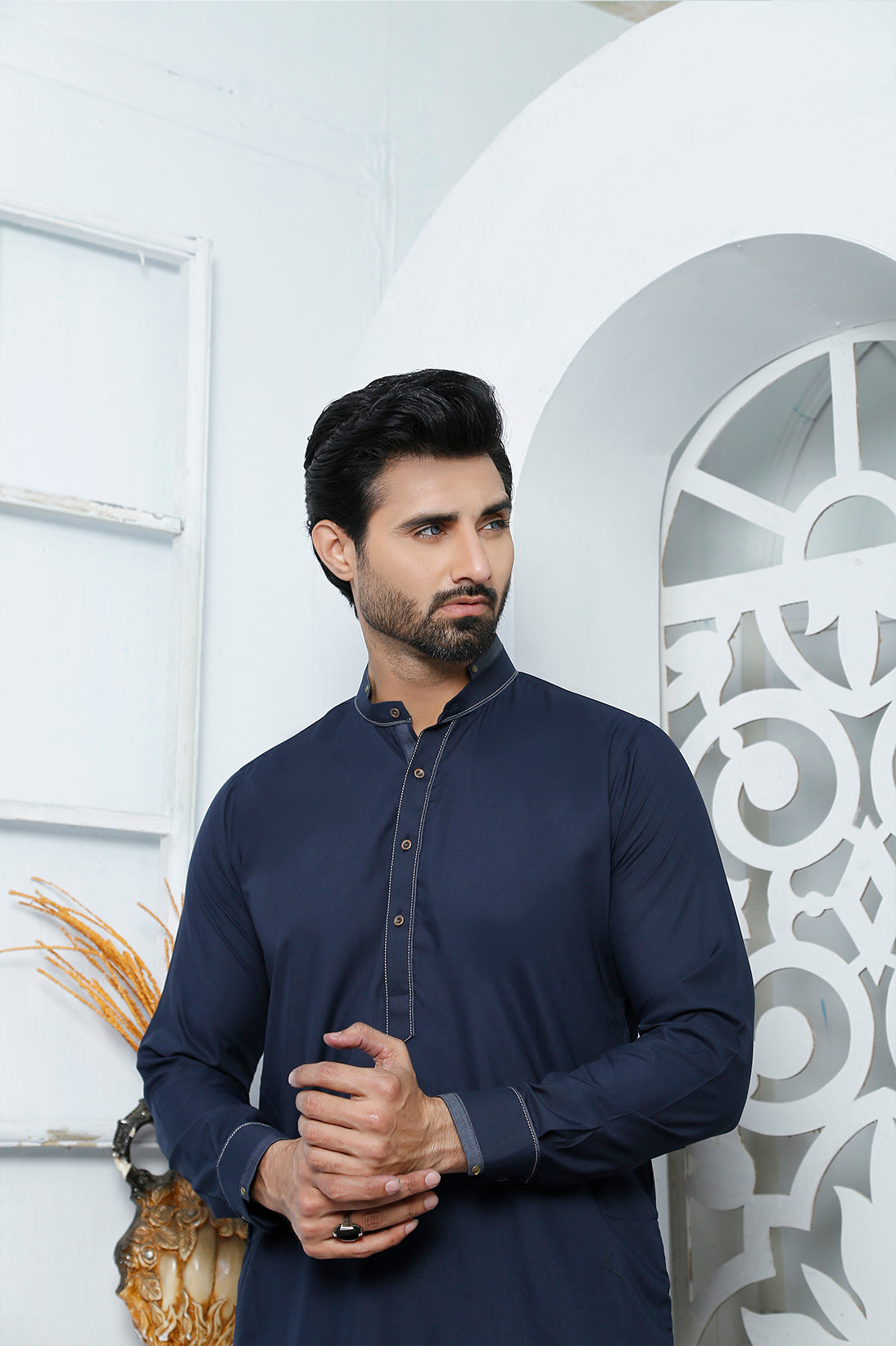 Navy Blue Contrast Stitch Cotton Kurta Pajama (2-Piece) - Image 1