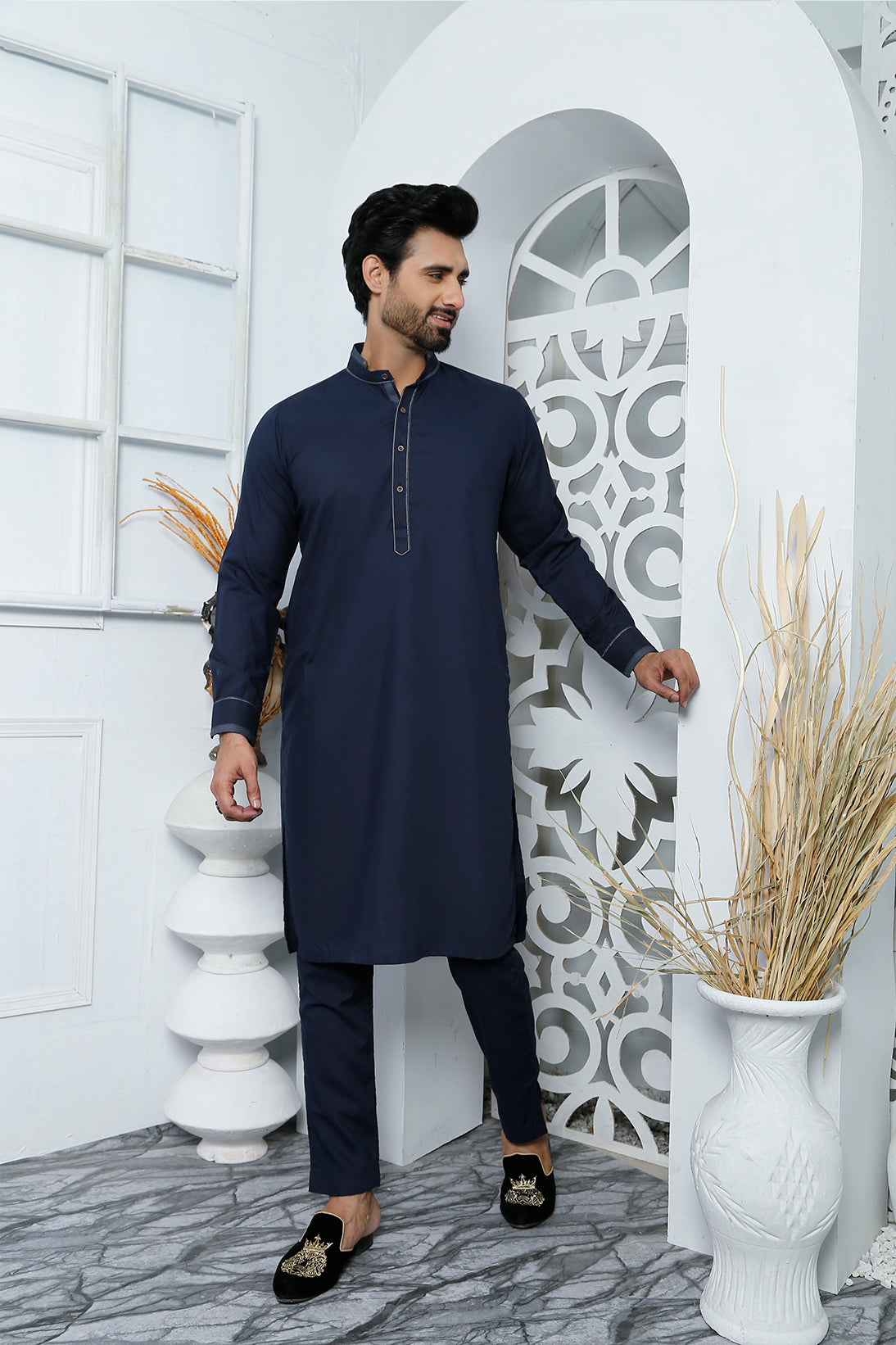 Navy Blue Contrast Stitch Cotton Kurta Pajama (2-Piece) - Image 2