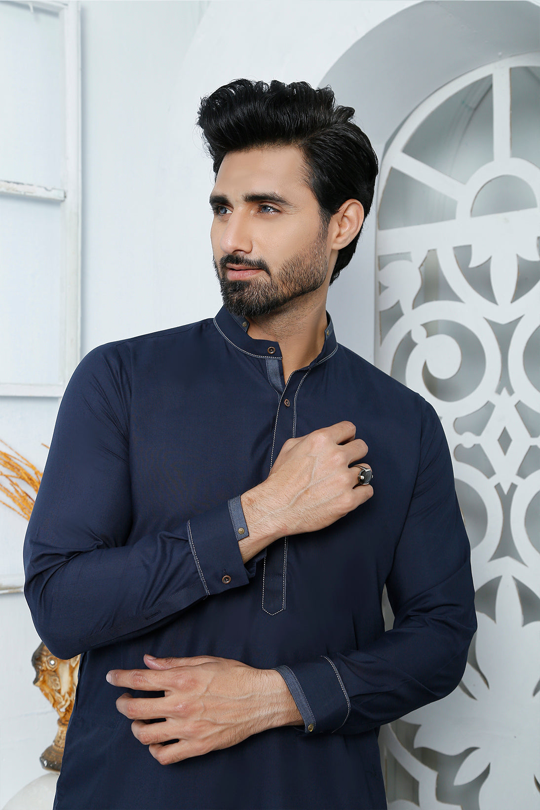 Navy Blue Contrast Stitch Cotton Kurta Pajama (2-Piece) - Image 3