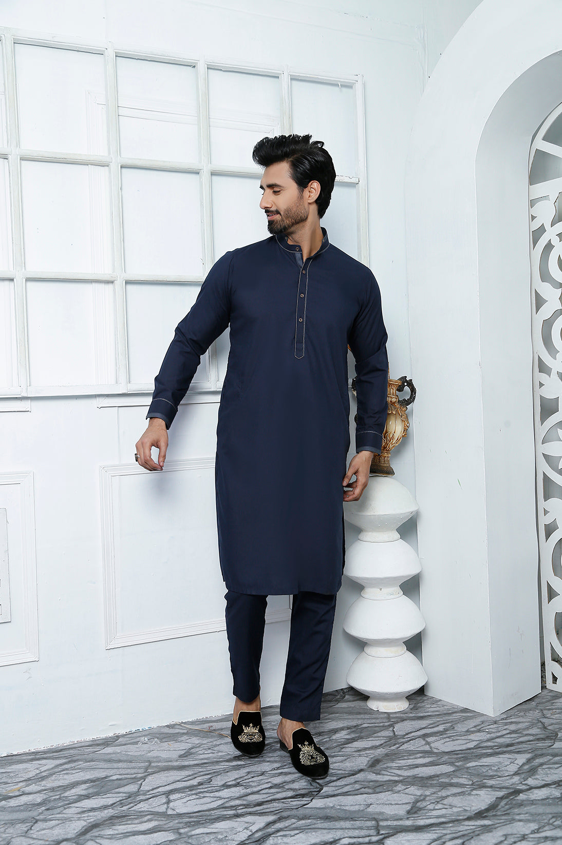 Navy Blue Contrast Stitch Cotton Kurta Pajama (2-Piece) - Image 4