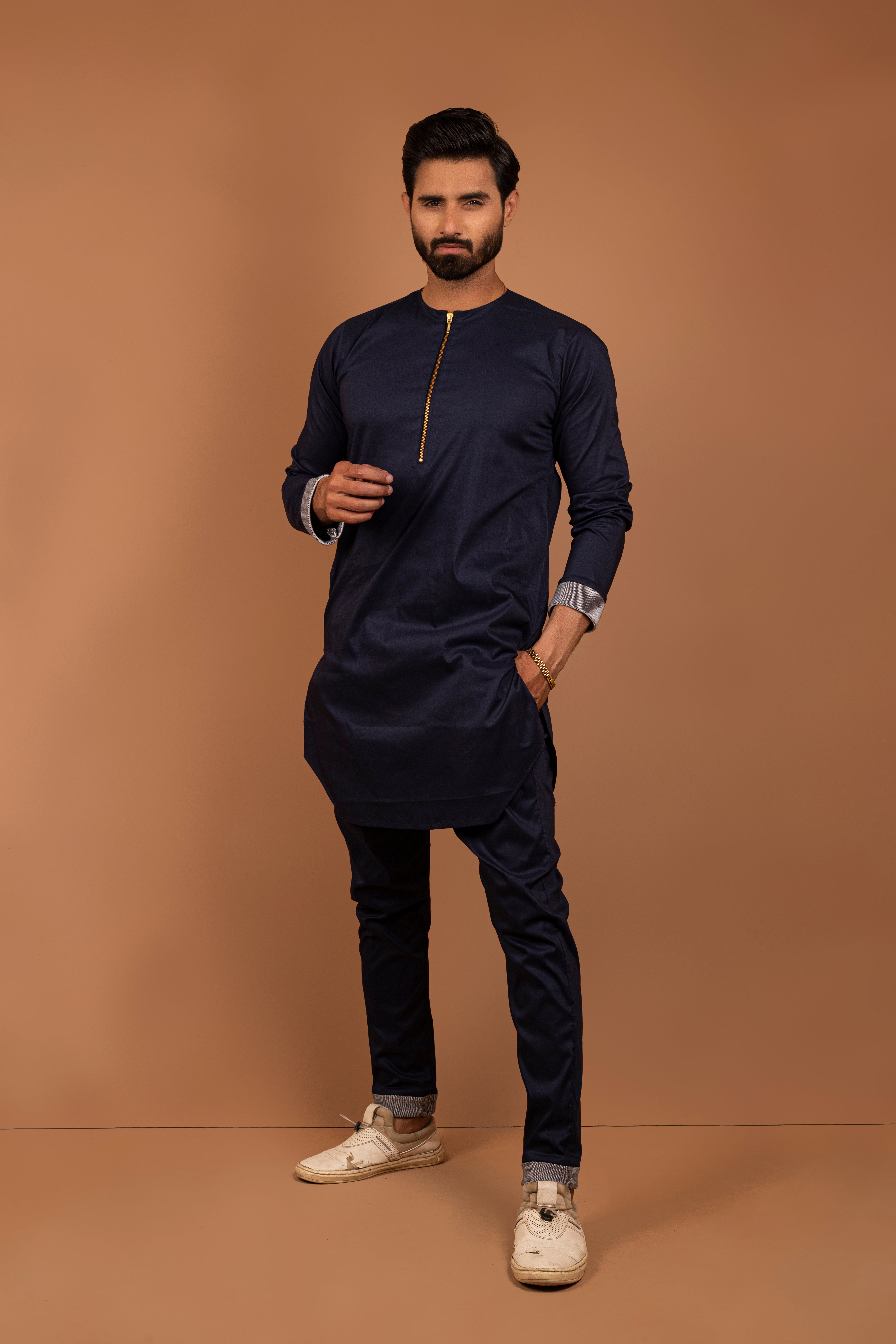 Navy Blue Cotton Kurta Pajama (2-Piece) - Image 3