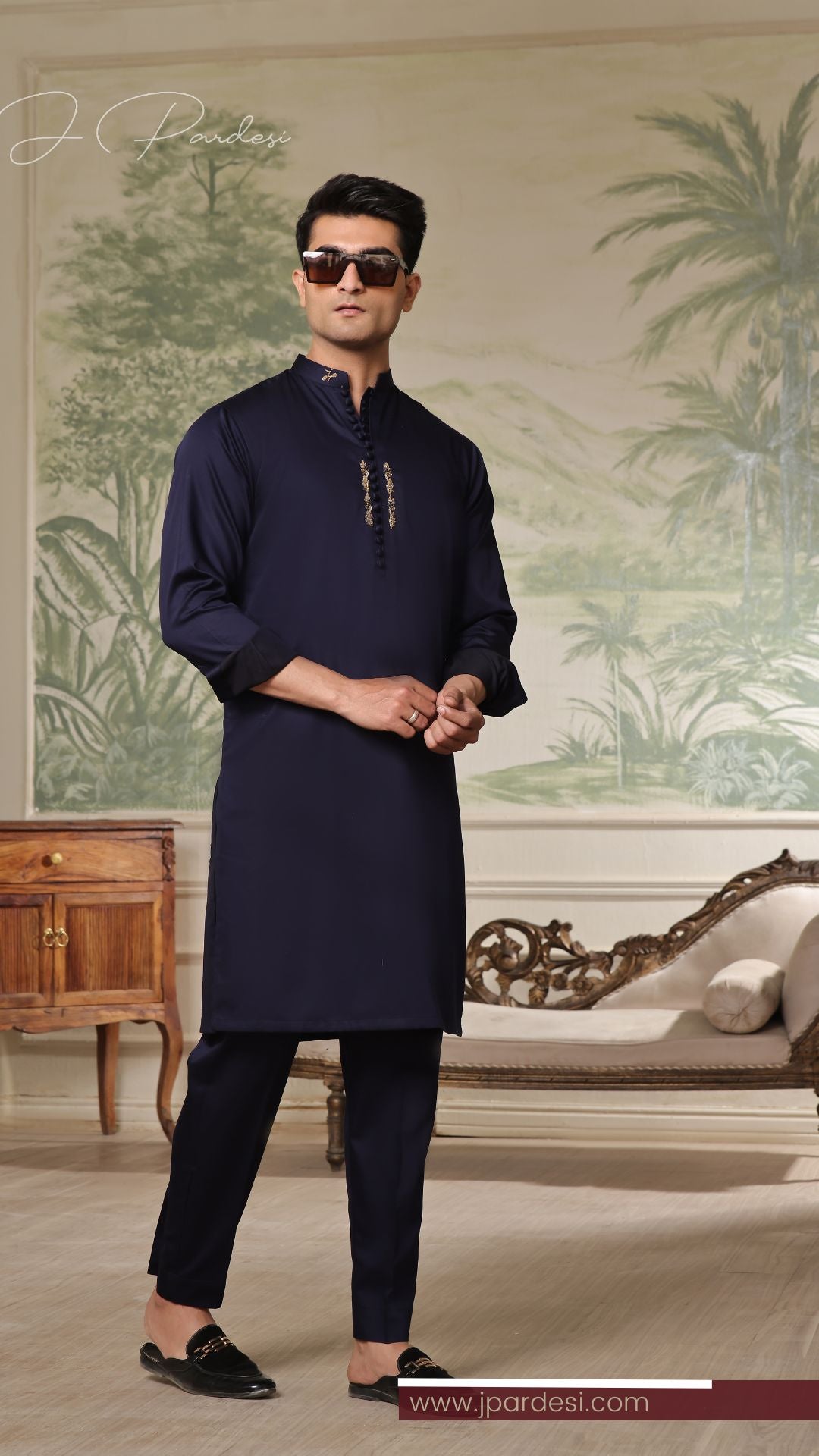 Navy Hand Embroidered Shiny Cotton Kurta Pajama (2-Piece) - Image 1