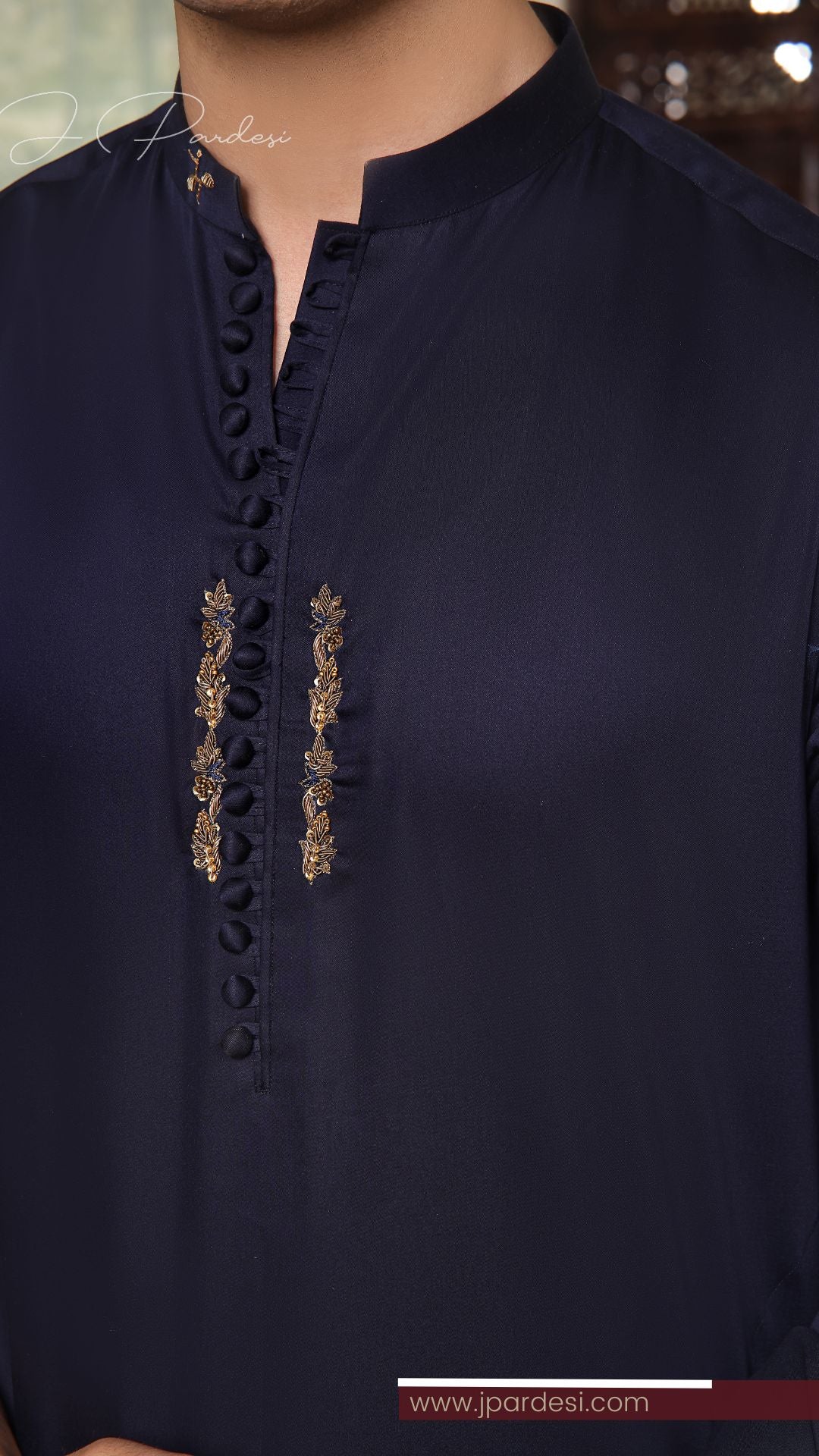 Navy Hand Embroidered Shiny Cotton Kurta Pajama (2-Piece) - Image 2