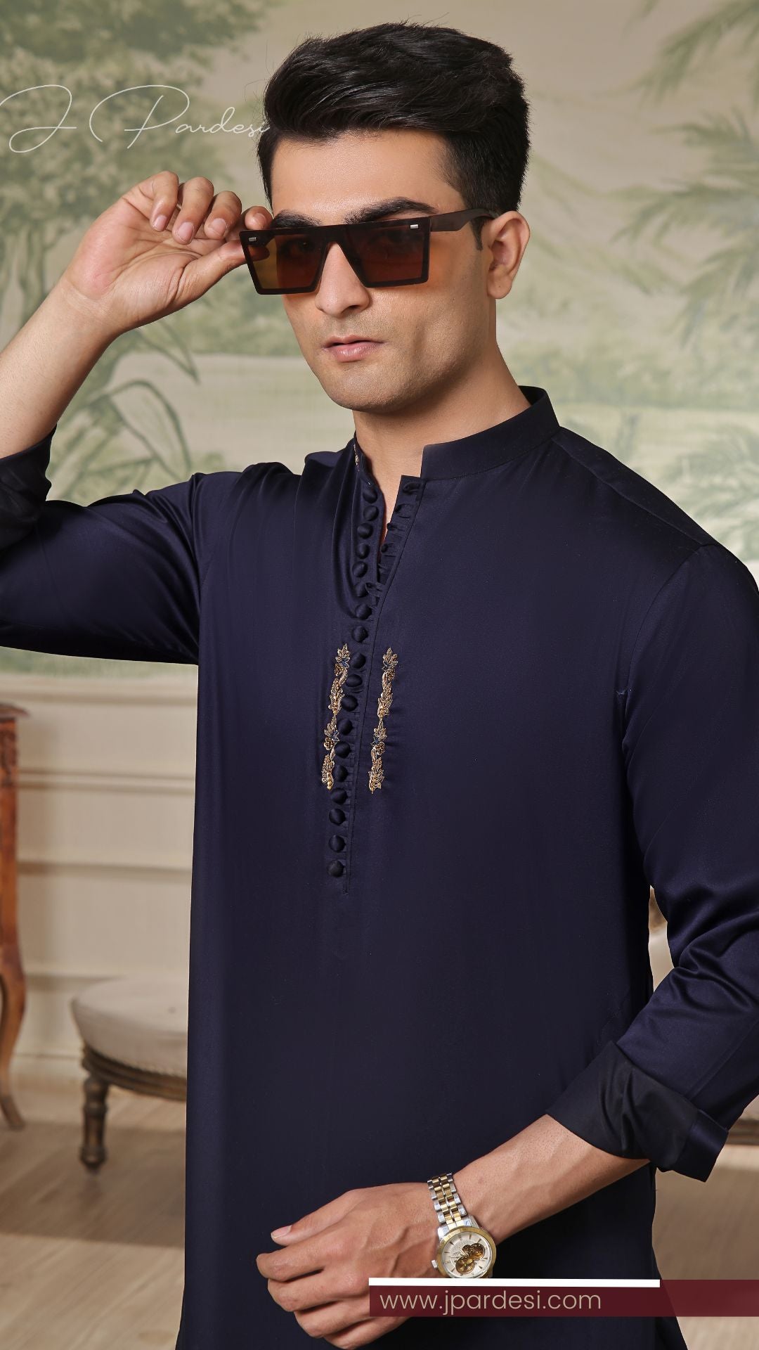 Navy Hand Embroidered Shiny Cotton Kurta Pajama (2-Piece) - Image 3