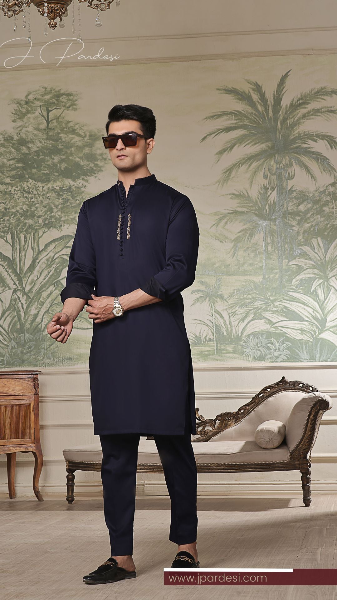 Navy Hand Embroidered Shiny Cotton Kurta Pajama (2-Piece) - Image 4