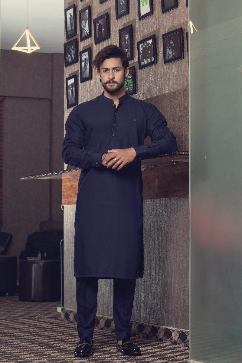 Navy Blue Embroidered Cotton Kurta Pajama (2-Piece) - Image 1