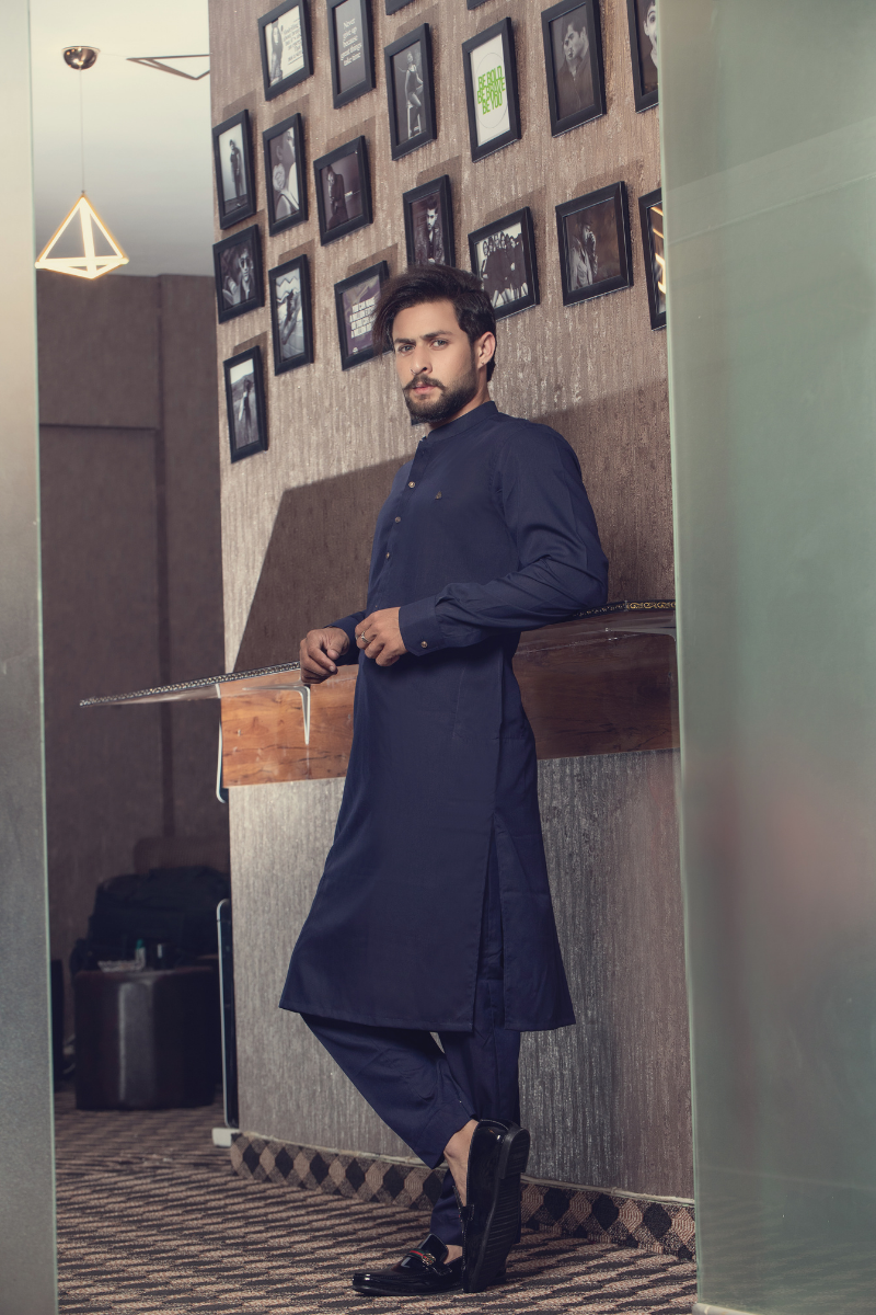 Navy Blue Embroidered Cotton Kurta Pajama (2-Piece) - Image 2