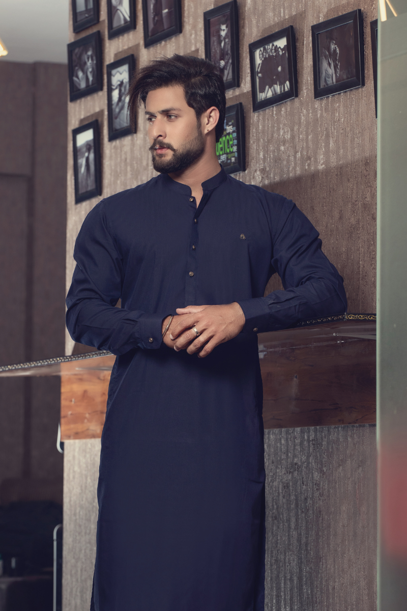 Navy Blue Embroidered Cotton Kurta Pajama (2-Piece) - Image 3