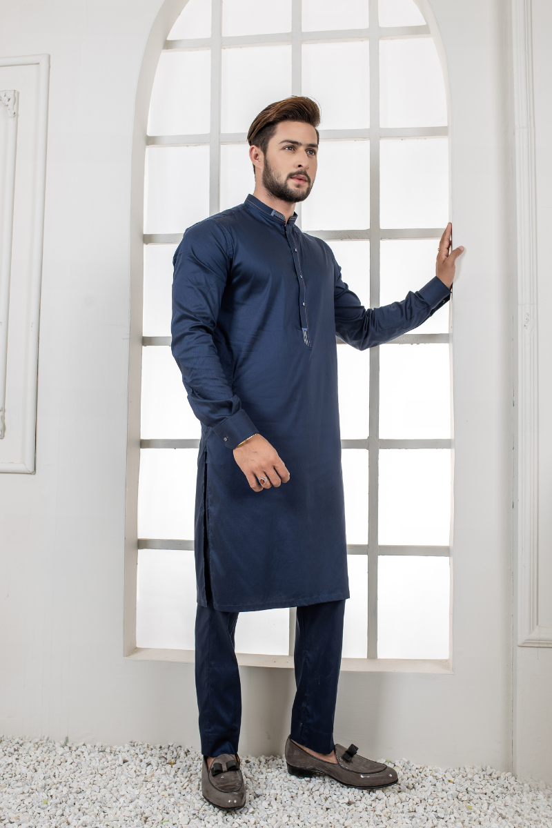Navy Blue Cotton Kurta Trouser Set (2-Piece) - Image 1