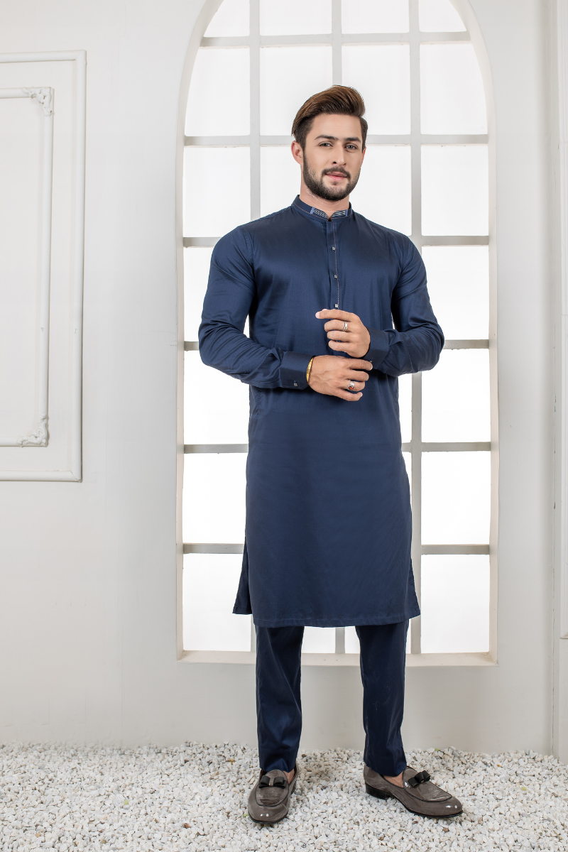 Navy Blue Cotton Kurta Trouser Set (2-Piece) - Image 3