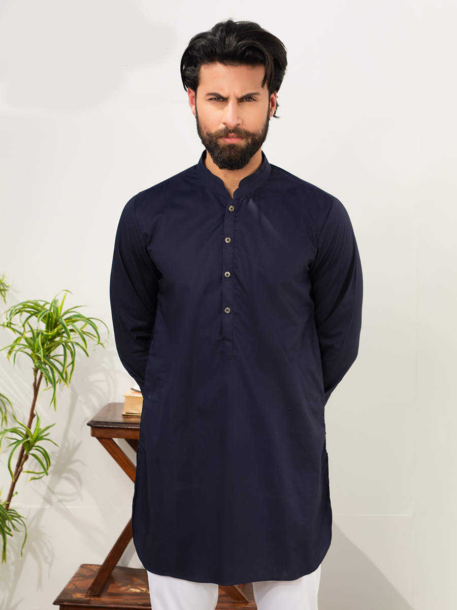 Navy Blue Cotton Kurta Pajama (2-Piece) - Image 2